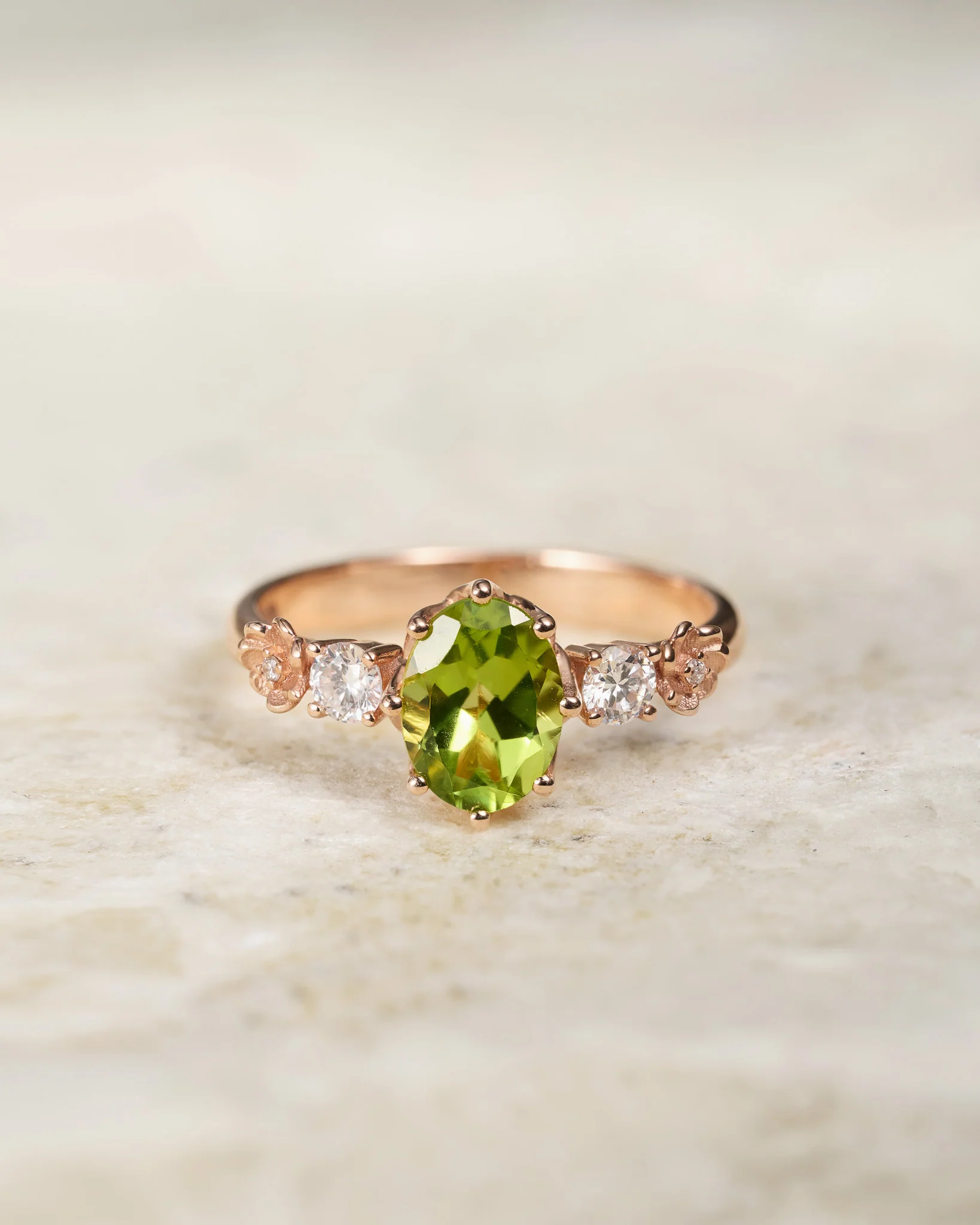 READY TO SHIP Fiorella in 14K rose gold, oval peridot 8x6 mm, moissanites, RING SIZE - 5.5 - 8.5 US