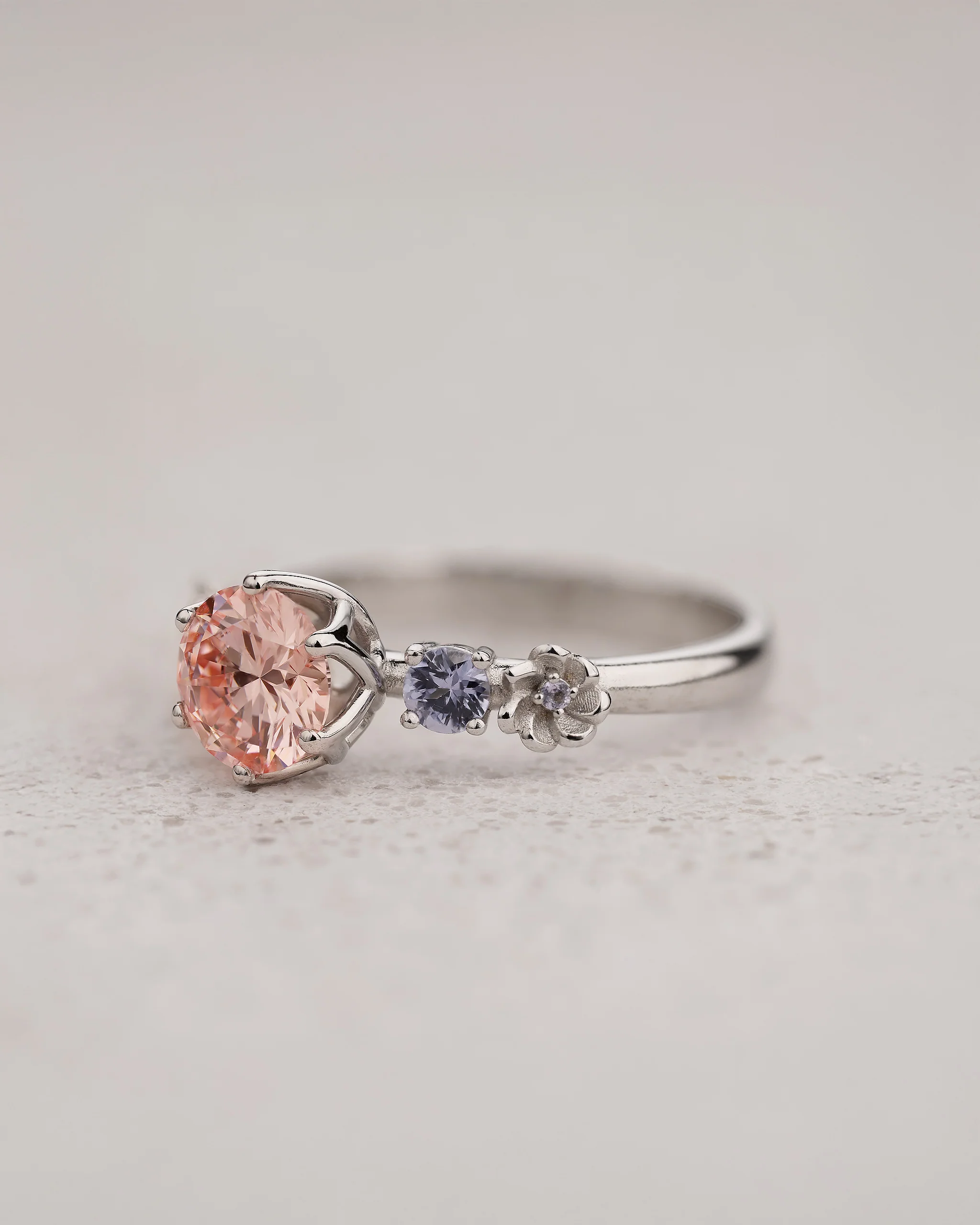 READY TO SHIP Fiorella ring with pink lab diamond and accent sapphires & tanzanites, 14K white gold, AVAILABLE RING SIZES 5.5 - 8.5 US - Image 2