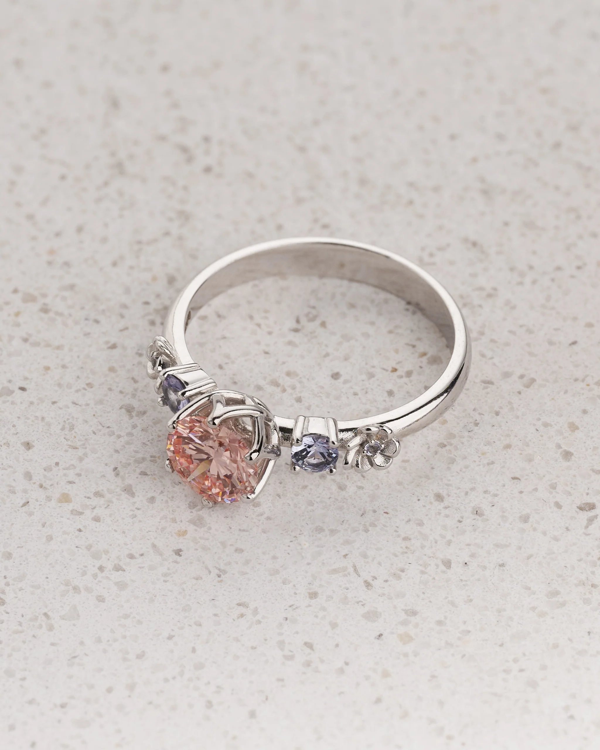 READY TO SHIP Fiorella ring with pink lab diamond and accent sapphires & tanzanites, 14K white gold, AVAILABLE RING SIZES 5.5 - 8.5 US - Image 3