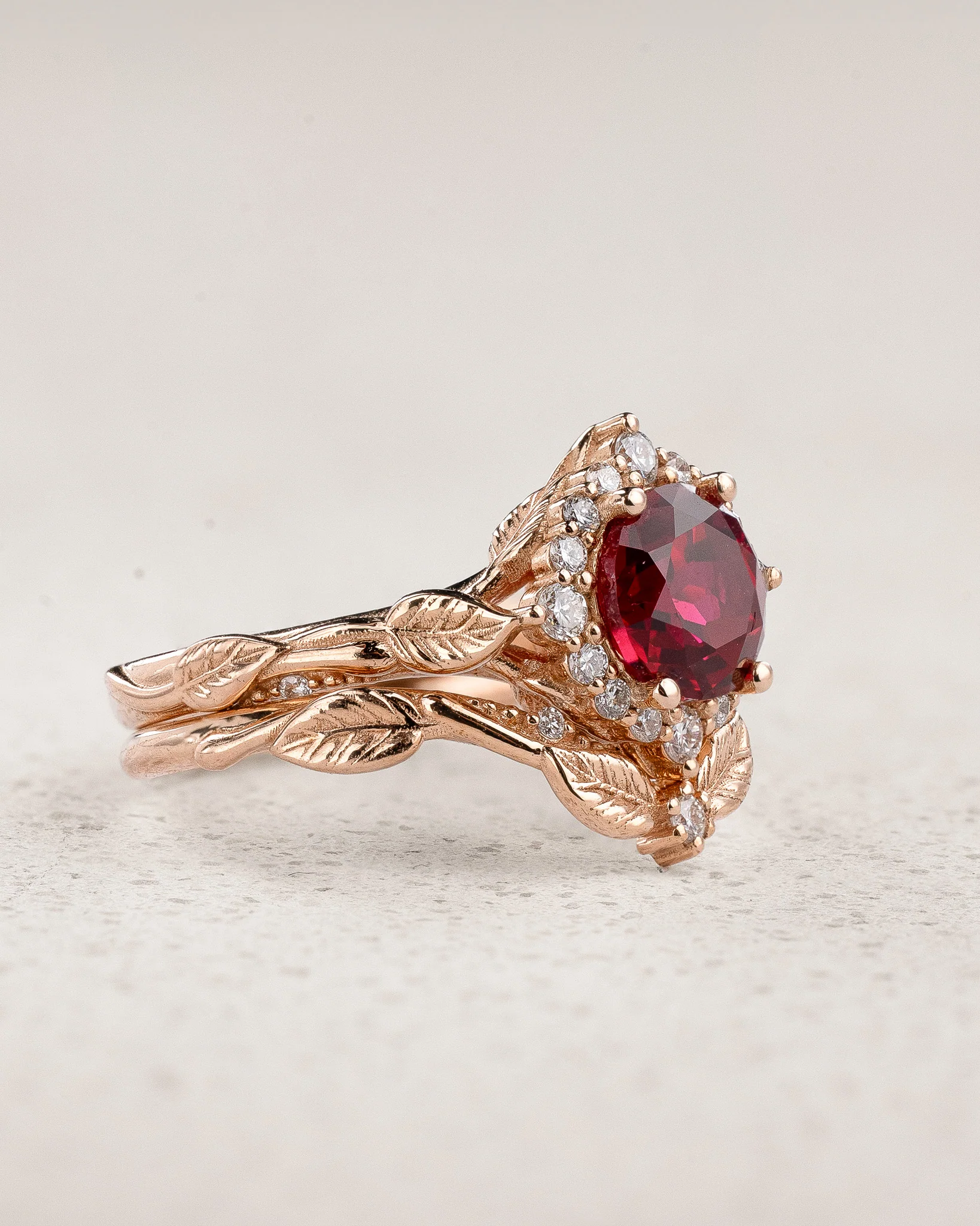 READY TO SHIP Florentina bridal ring set with ruby and diamond halo, 18K rose gold, AVAILABLE RING SIZES: 4 - 7 US