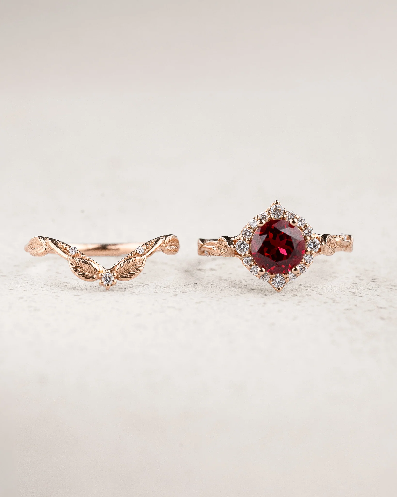 READY TO SHIP Florentina bridal ring set with ruby and diamond halo, 18K rose gold, AVAILABLE RING SIZES: 4 - 7 US - Image 2