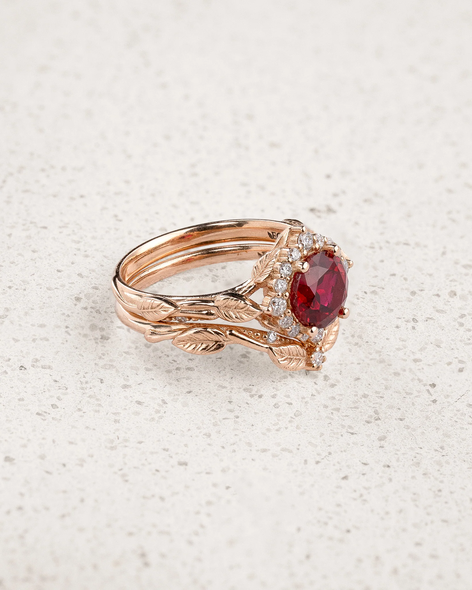 READY TO SHIP Florentina bridal ring set with ruby and diamond halo, 18K rose gold, AVAILABLE RING SIZES: 4 - 7 US - Image 3