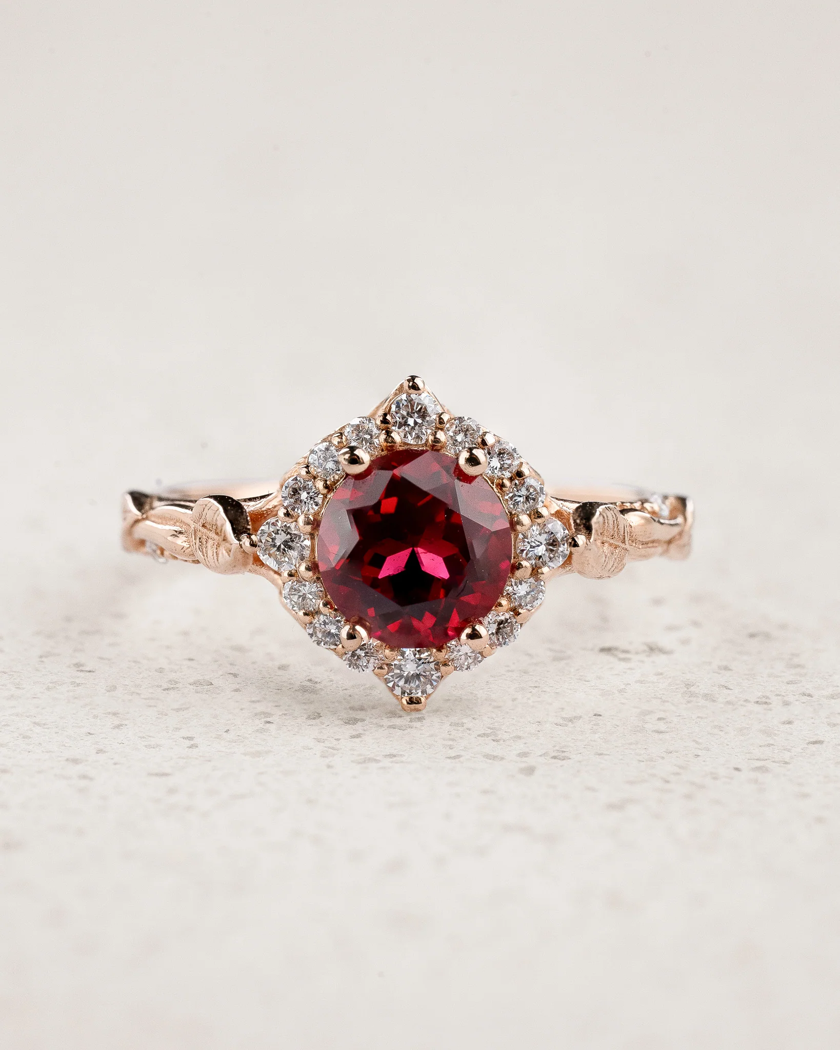 READY TO SHIP Florentina bridal ring set with ruby and diamond halo, 18K rose gold, AVAILABLE RING SIZES: 4 - 7 US - Image 4