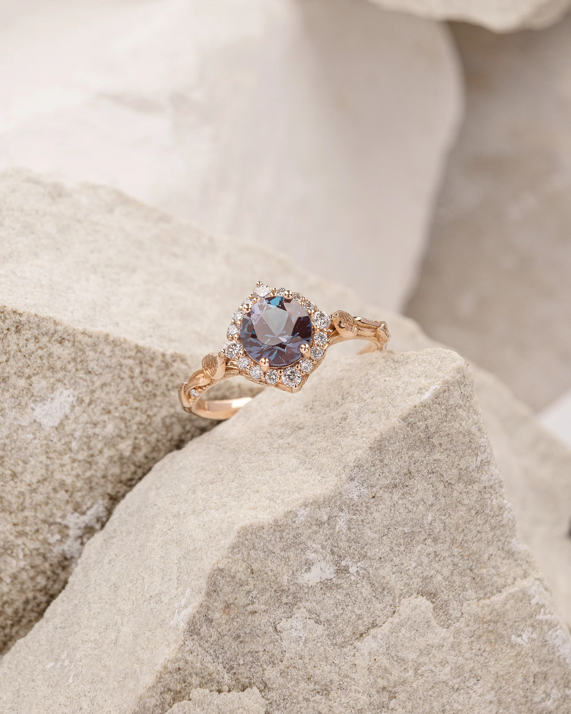 Colour changing alexandrite engagement ring with diamond halo, romantic gold leaves ring with diamonds / Florentina - Image 2