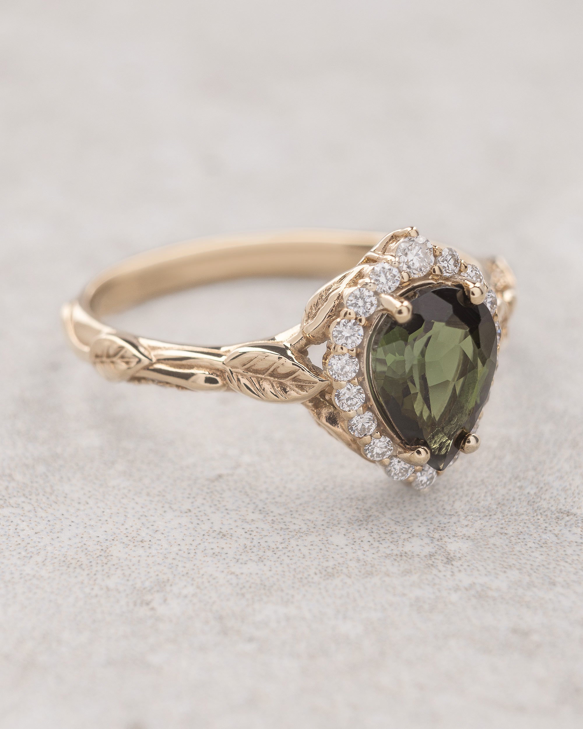 READY TO SHIP Florentina ring in 14K yellow gold, natural green tourmaline, pear cut 8x6 mm, lab diamonds halo, AVAILABLE RING SIZE: 5.5 - 8.5 US - Image 3