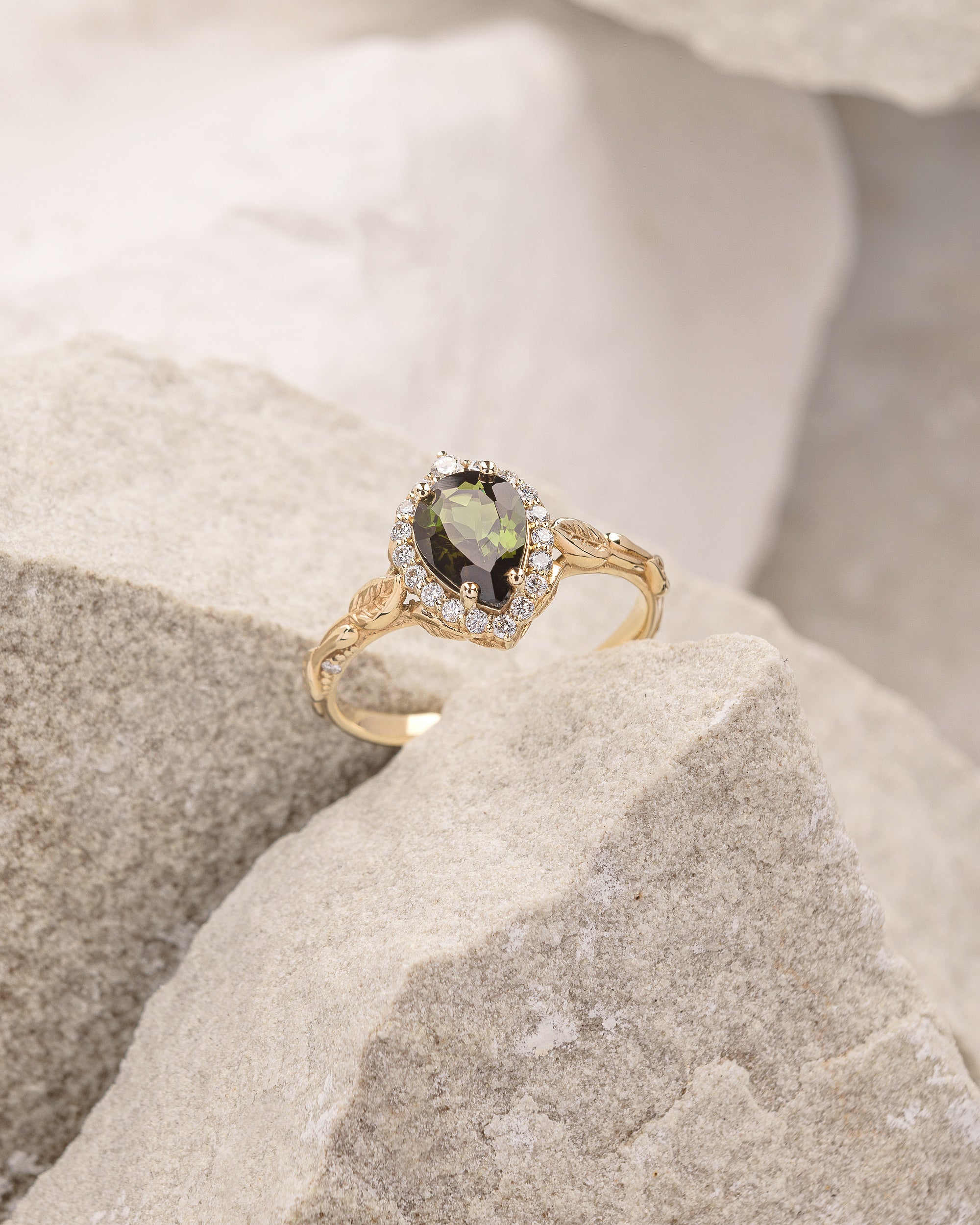 READY TO SHIP Florentina ring in 14K yellow gold, natural green tourmaline, pear cut 8x6 mm, lab diamonds halo, AVAILABLE RING SIZE: 5.5 - 8.5 US - Image 4