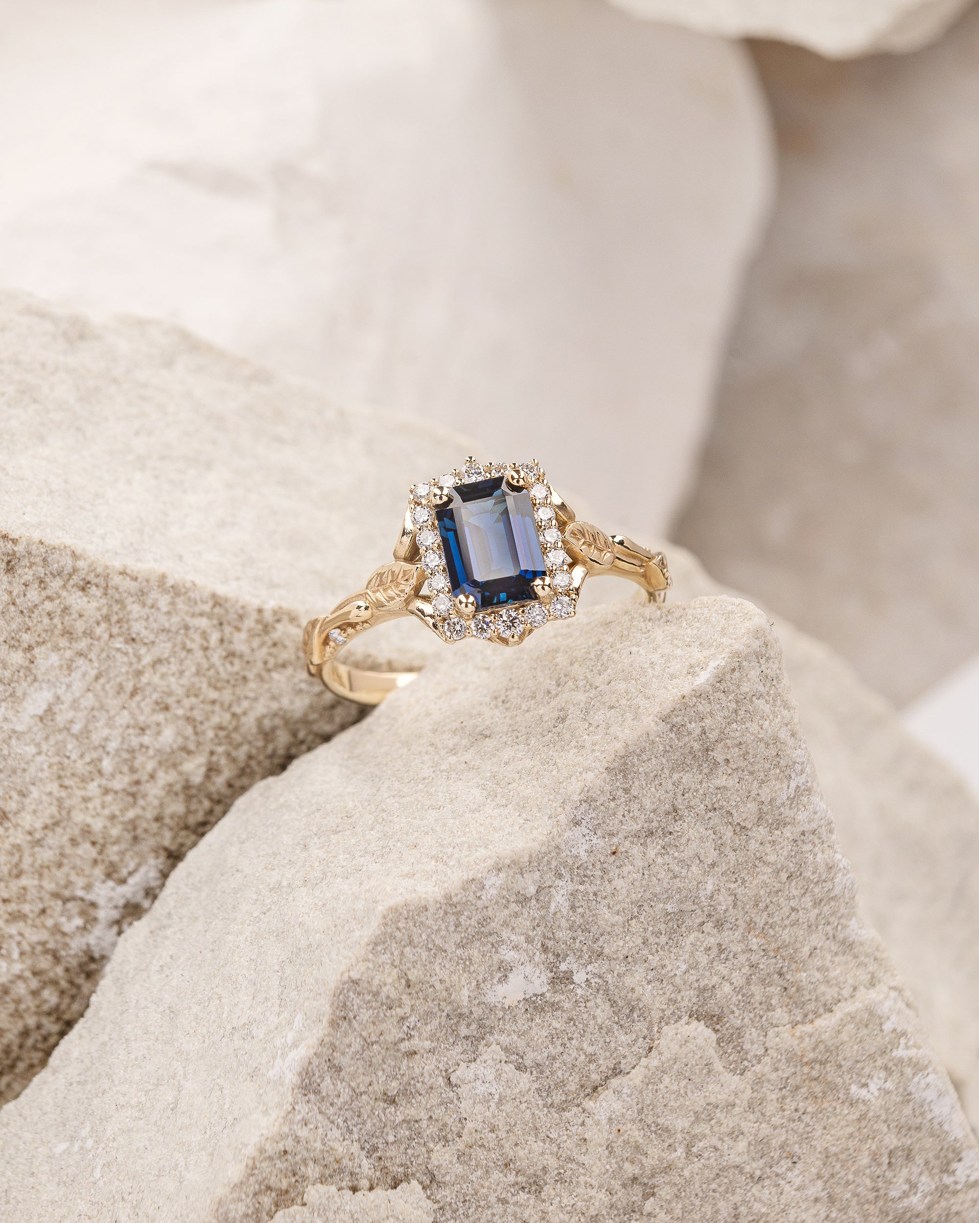 Natural sapphire engagement ring with diamond halo, emerald cut gemstone ring / Florentina - Image 4