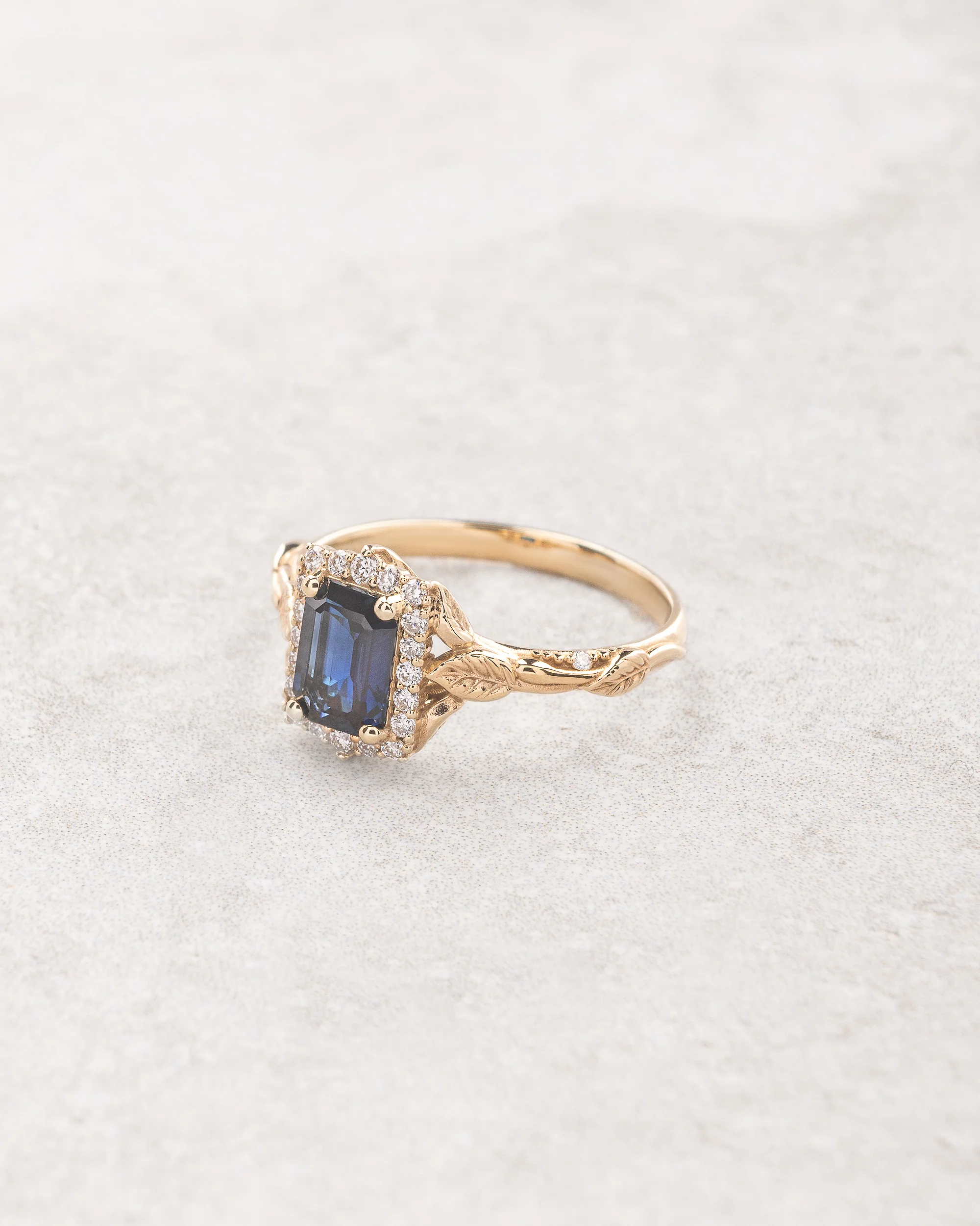 Natural sapphire engagement ring with diamond halo, emerald cut gemstone ring / Florentina - Image 2