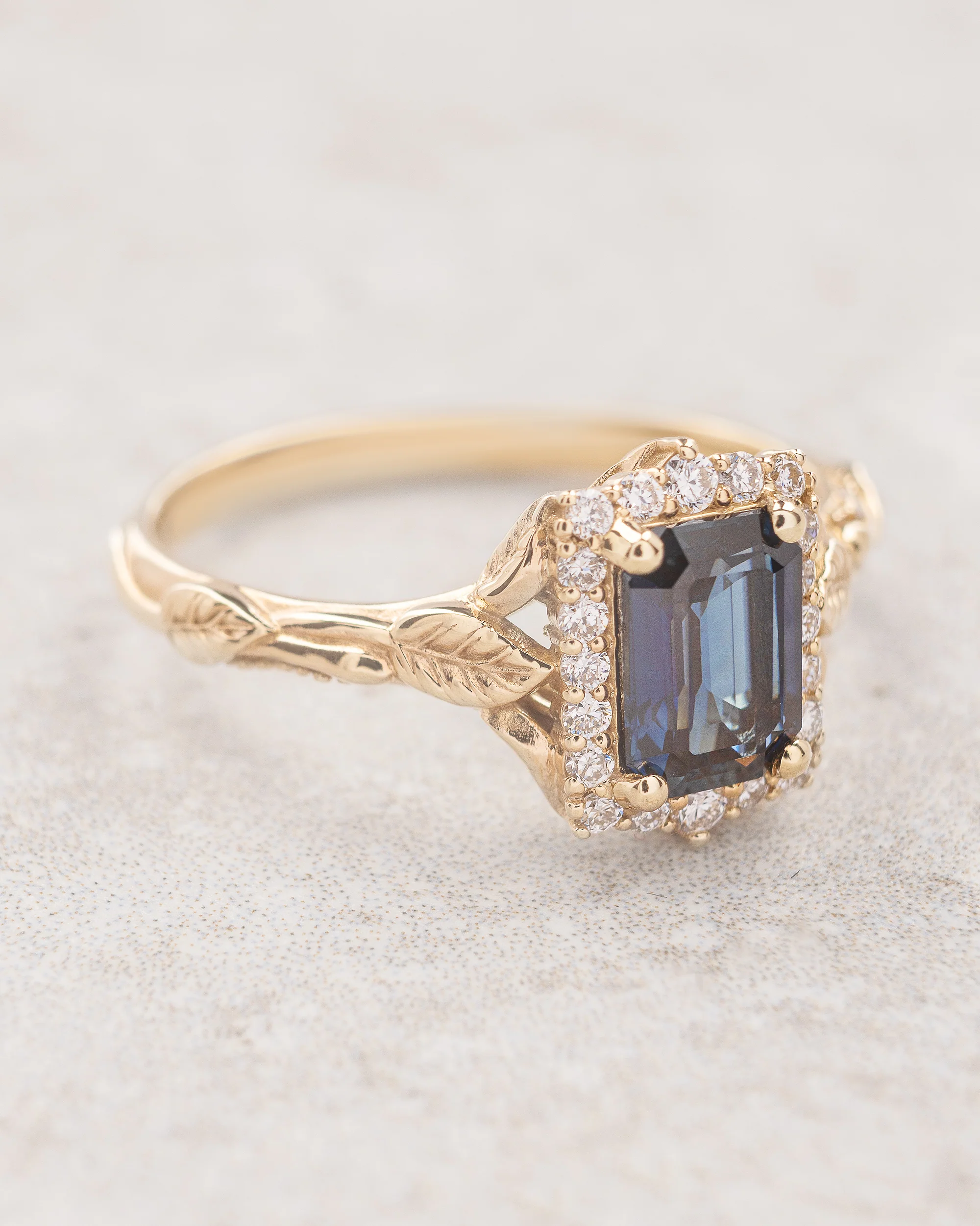 Natural sapphire engagement ring with diamond halo, emerald cut gemstone ring / Florentina - Image 3