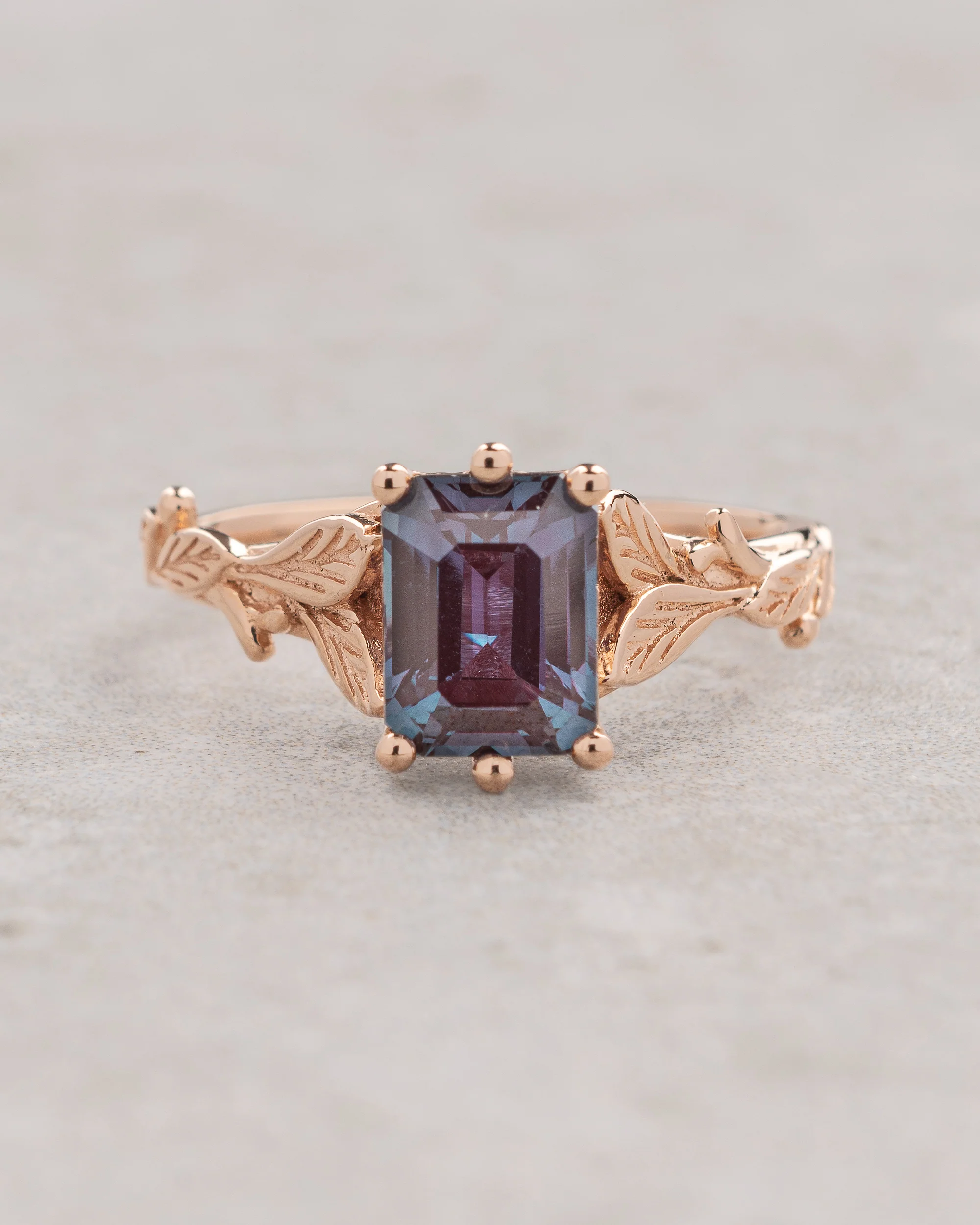 Emerald-cut alexandrite engagement ring, nature themed branch proposal ring / Freesia