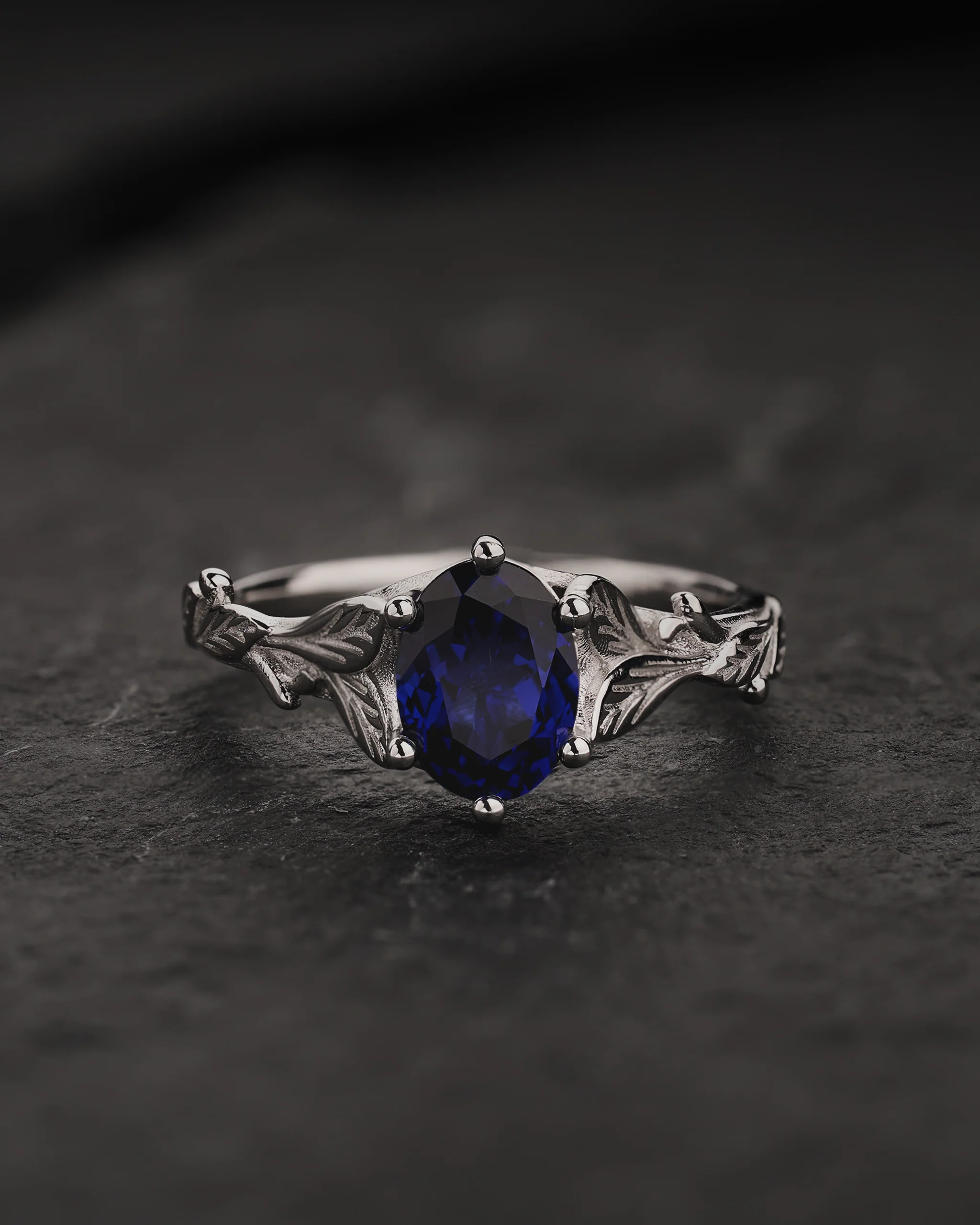 READY TO SHIP Freesia with oval lab blue sapphire, 14K white gold, AVAILABLE RING SIZE: 5.5 - 8.5 US