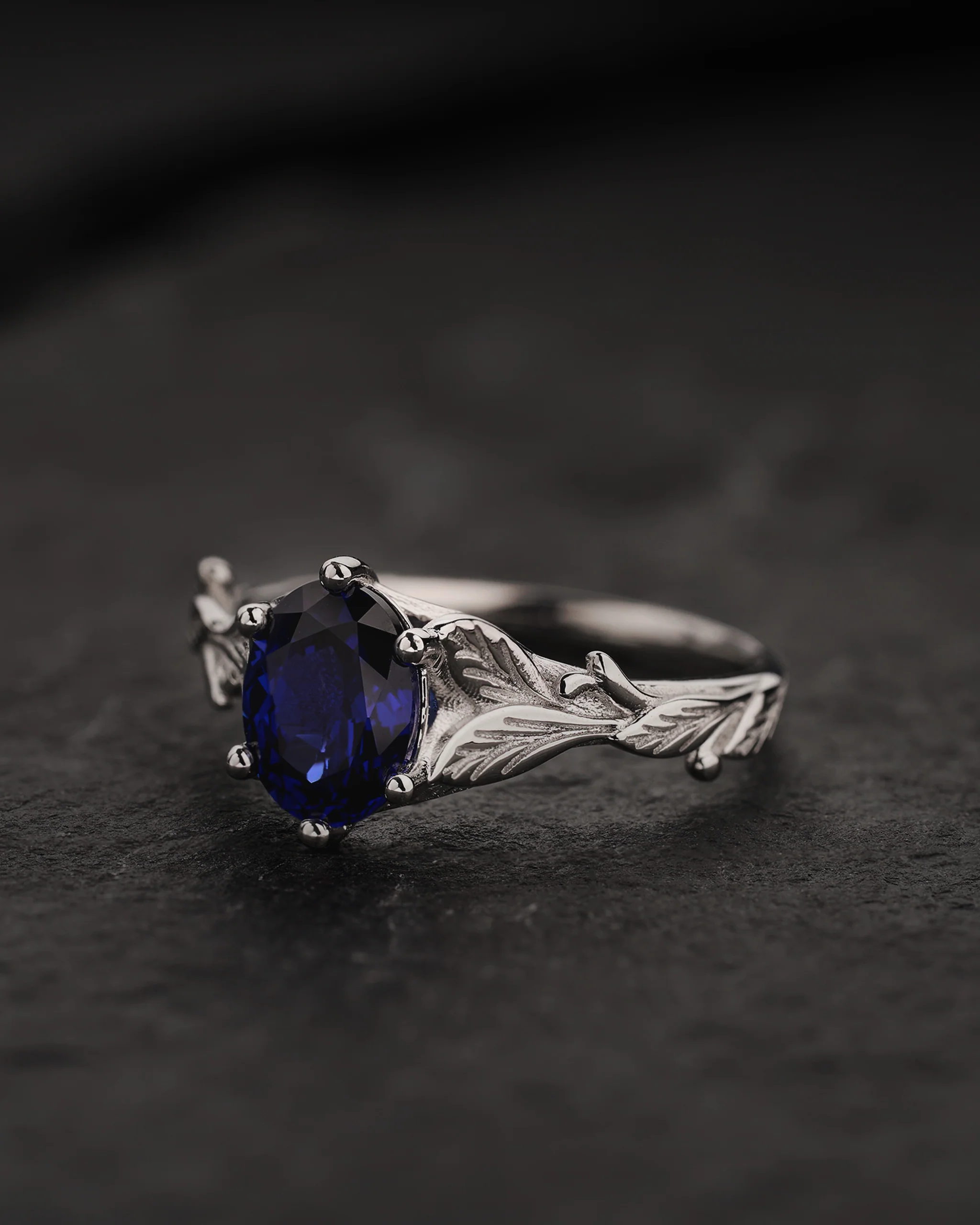 READY TO SHIP Freesia with oval lab blue sapphire, 14K white gold, AVAILABLE RING SIZE: 5.5 - 8.5 US - Image 2