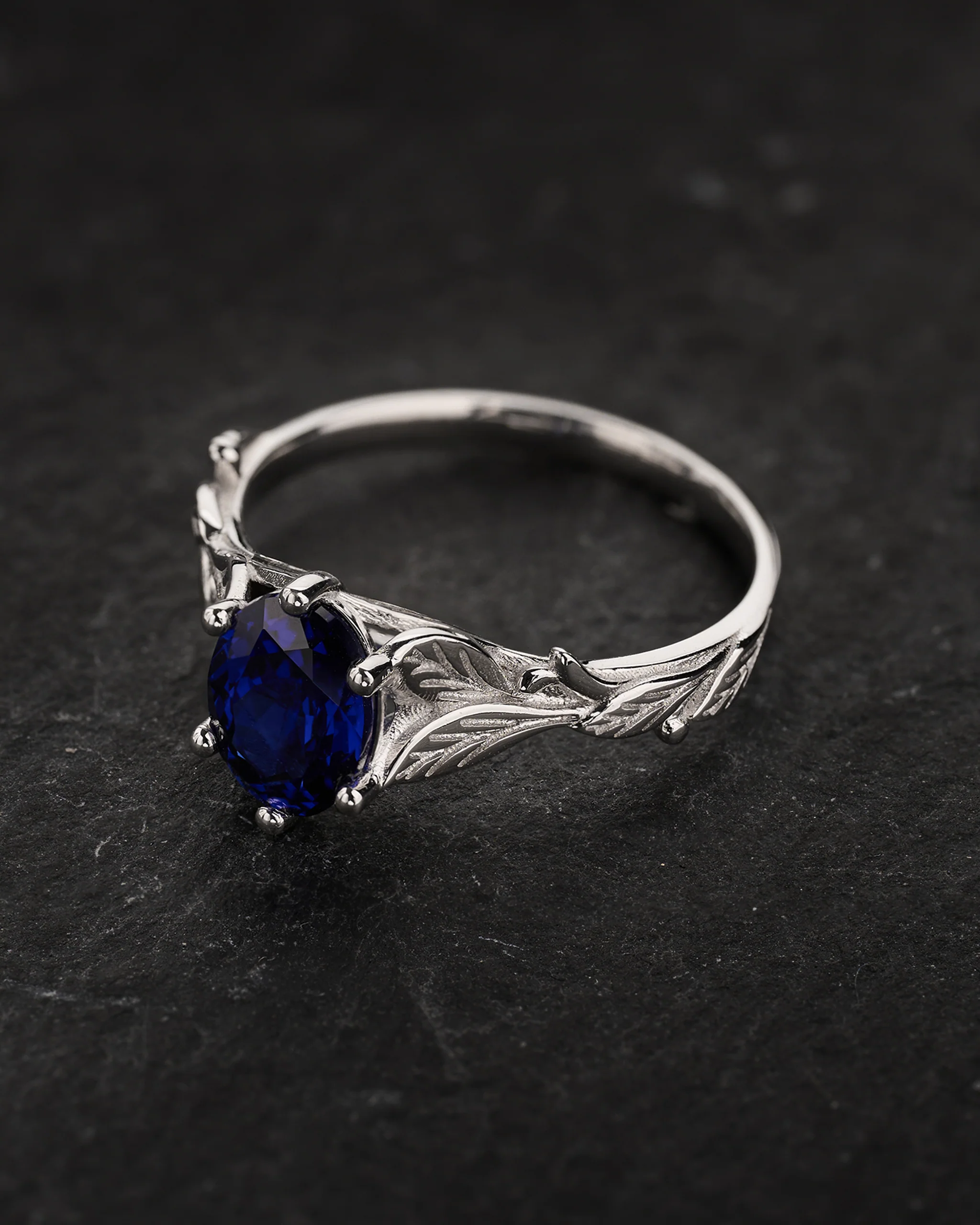 READY TO SHIP Freesia with oval lab blue sapphire, 14K white gold, AVAILABLE RING SIZE: 5.5 - 8.5 US - Image 3