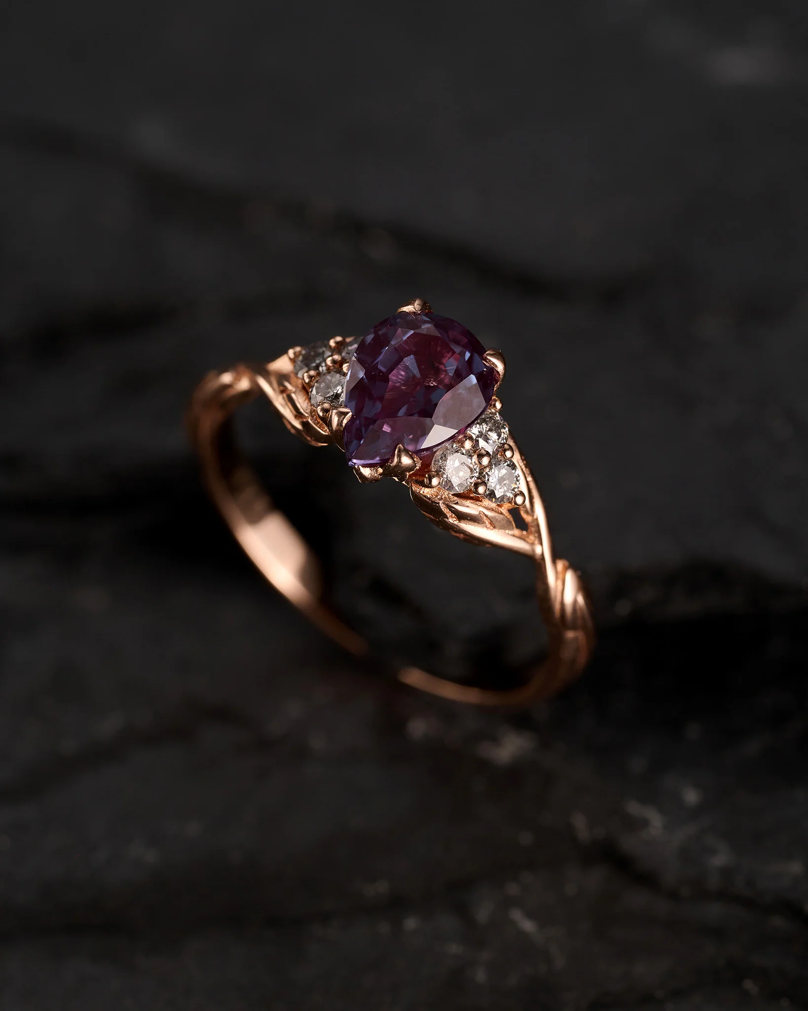 READY TO SHIP Gloria ring in 14K rose gold, 8x6 mm lab alexandrite & accent salt & pepper diamonds, AVAILABLE RING SIZES: 5.5 - 8.5 - Image 2