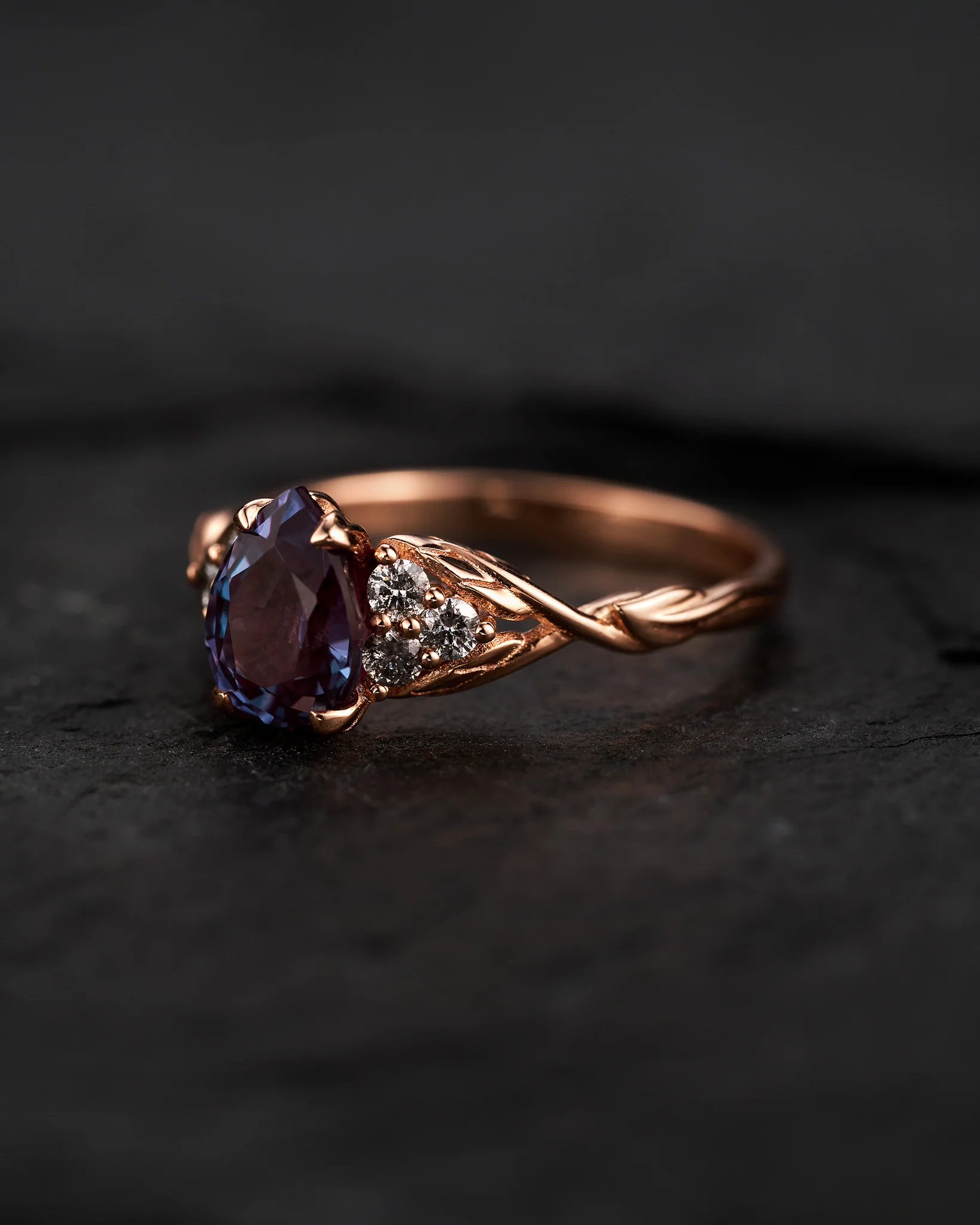 READY TO SHIP Gloria ring in 14K rose gold, 8x6 mm lab alexandrite & accent salt & pepper diamonds, AVAILABLE RING SIZES: 5.5 - 8.5 - Image 3