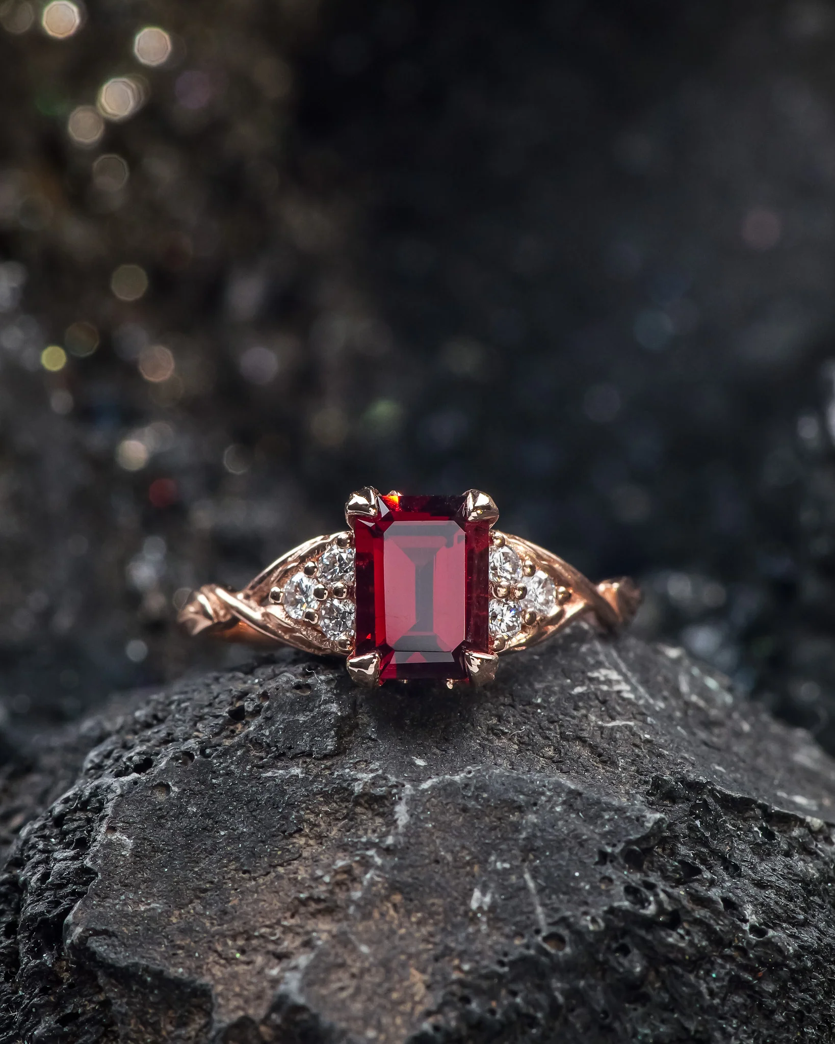 READY TO SHIP Gloria ring in 14K rose gold, natural garnet emerald-cut 8x6 mm, accent lab diamonds, AVAILABLE RING SIZES: 5.5 - 8.5 US