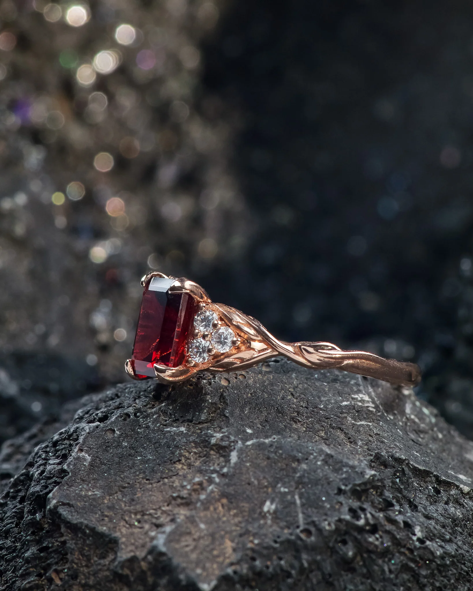 READY TO SHIP Gloria ring in 14K rose gold, natural garnet emerald-cut 8x6 mm, accent lab diamonds, AVAILABLE RING SIZES: 5.5 - 8.5 US - Image 3