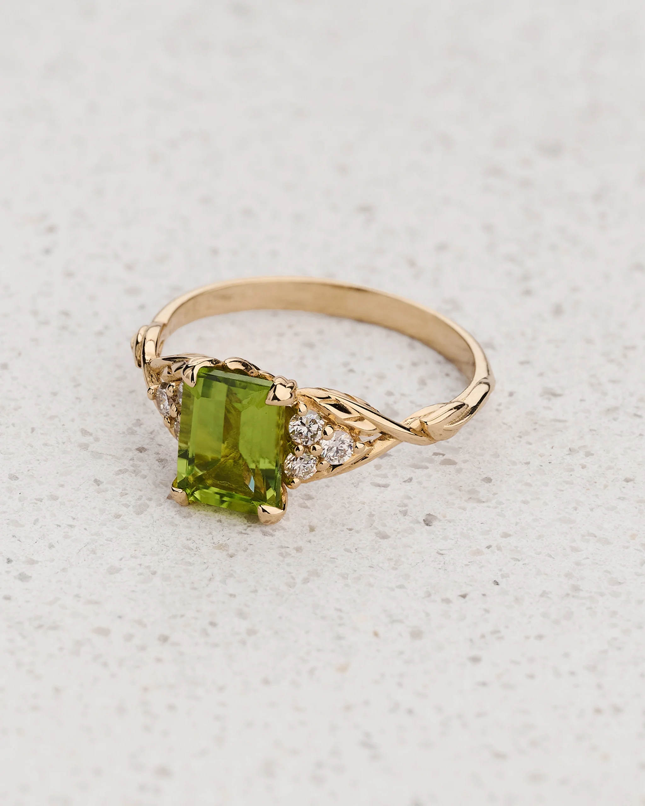 READY TO SHIP Gloria ring in 14K yellow gold, natural peridot 8x6 mm, accent lab diamonds, AVAILABLE RING SIZES: 5.5 - 8.5 US - Image 3