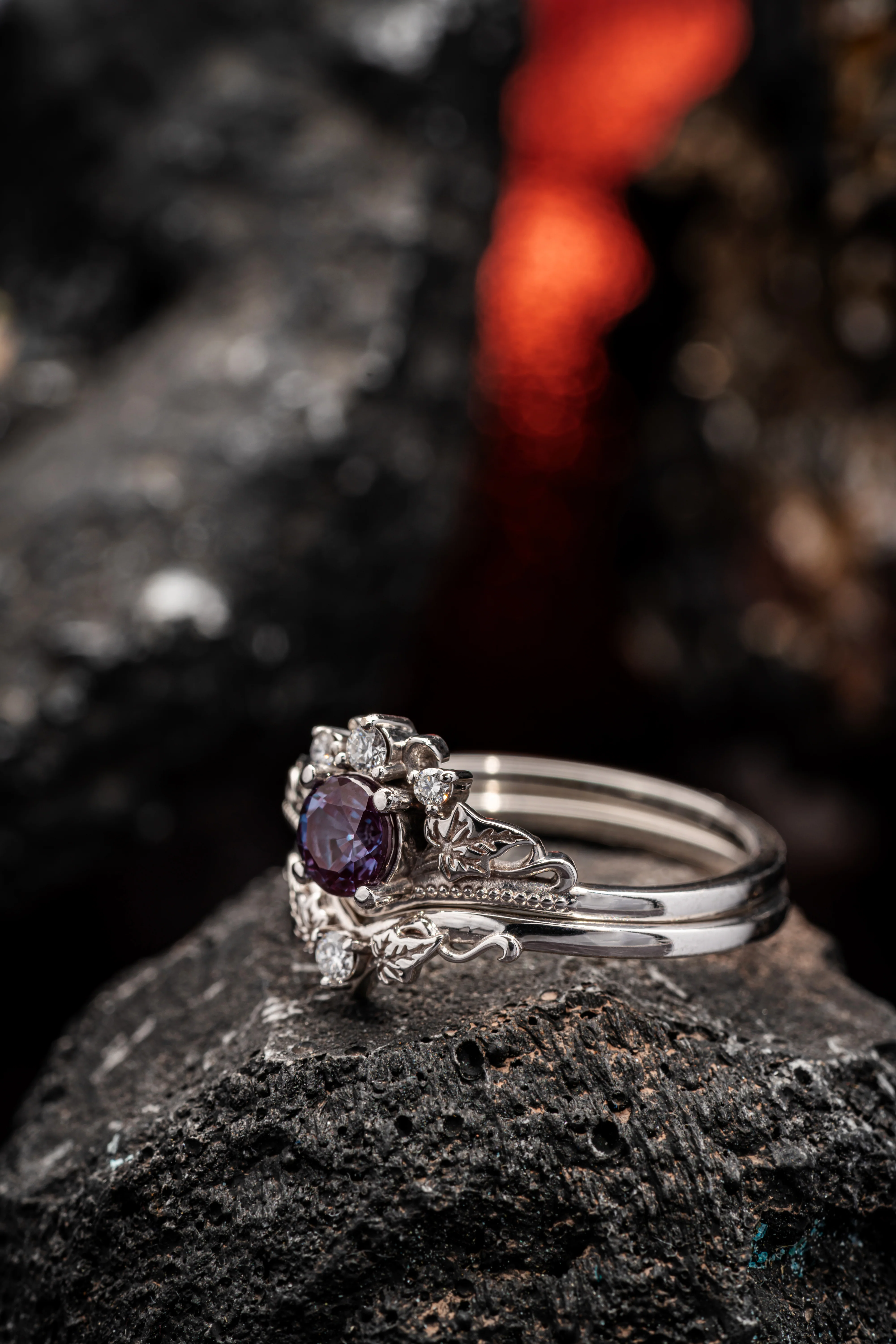 READY TO SHIP Ariadne ring set with colour change alexandrite, two rings in 14K white gold with natural diamonds, AVAILABLE RING SIZES: 6.25 - 9.25 US - Image 2