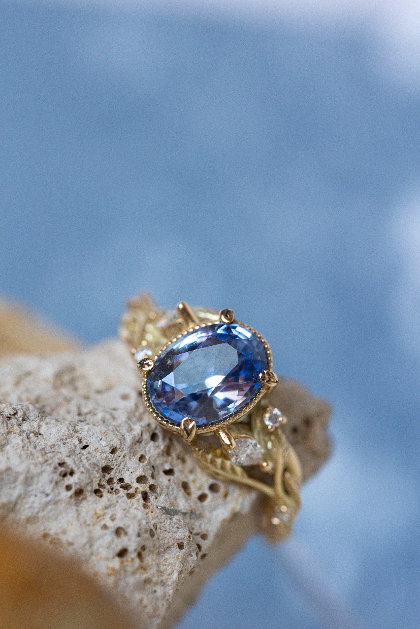 READY TO SHIP Patricia IGI laboratory certified ring in 14K yellow gold with natural sapphire oval cut 8.6x6.6 mm and accent natural diamonds, AVAILABLE RING SIZES: 5.5 - 8.5 US - Image 3