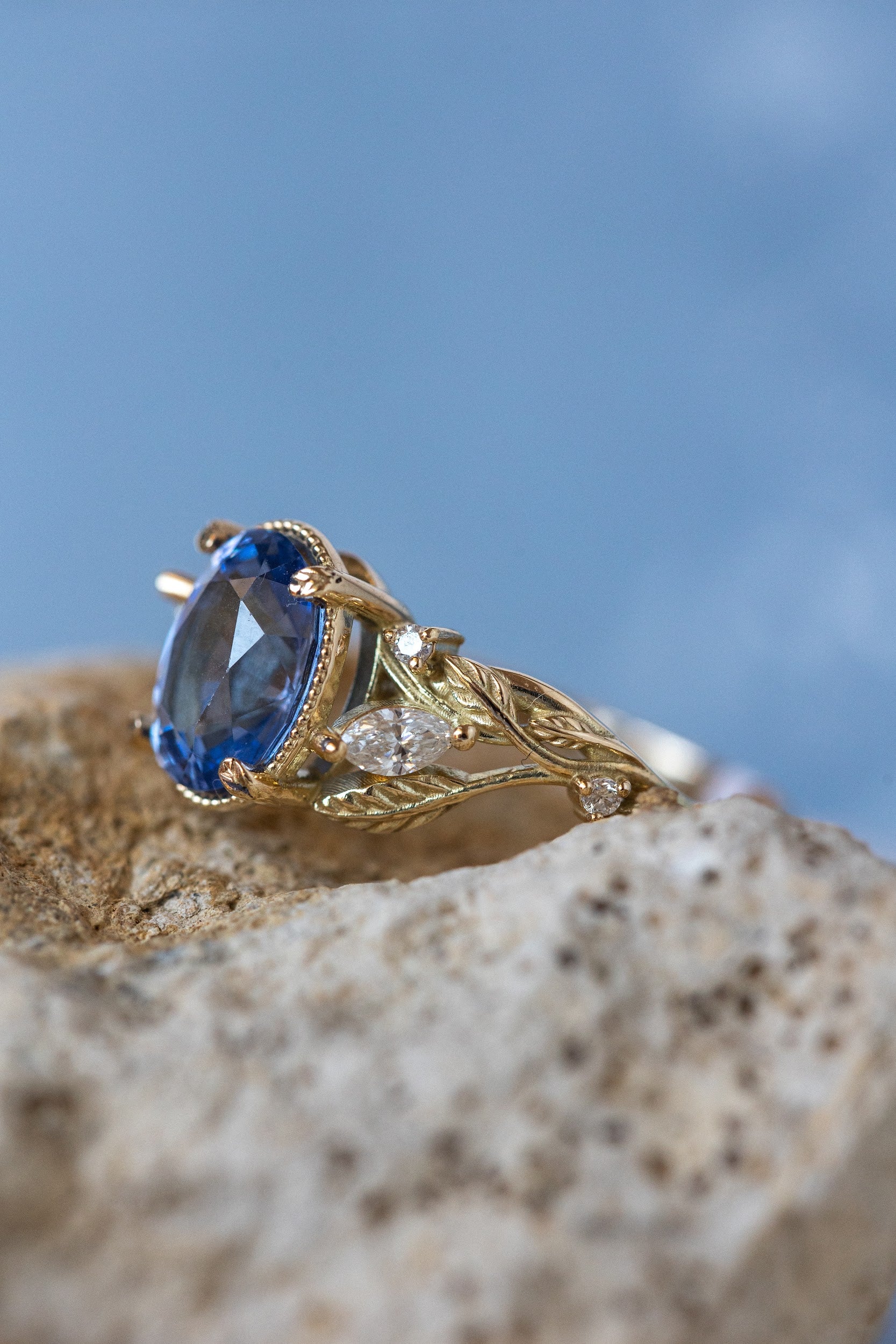 READY TO SHIP Patricia IGI laboratory certified ring in 14K yellow gold with natural sapphire oval cut 8.6x6.6 mm and accent natural diamonds, AVAILABLE RING SIZES: 5.5 - 8.5 US - Image 6
