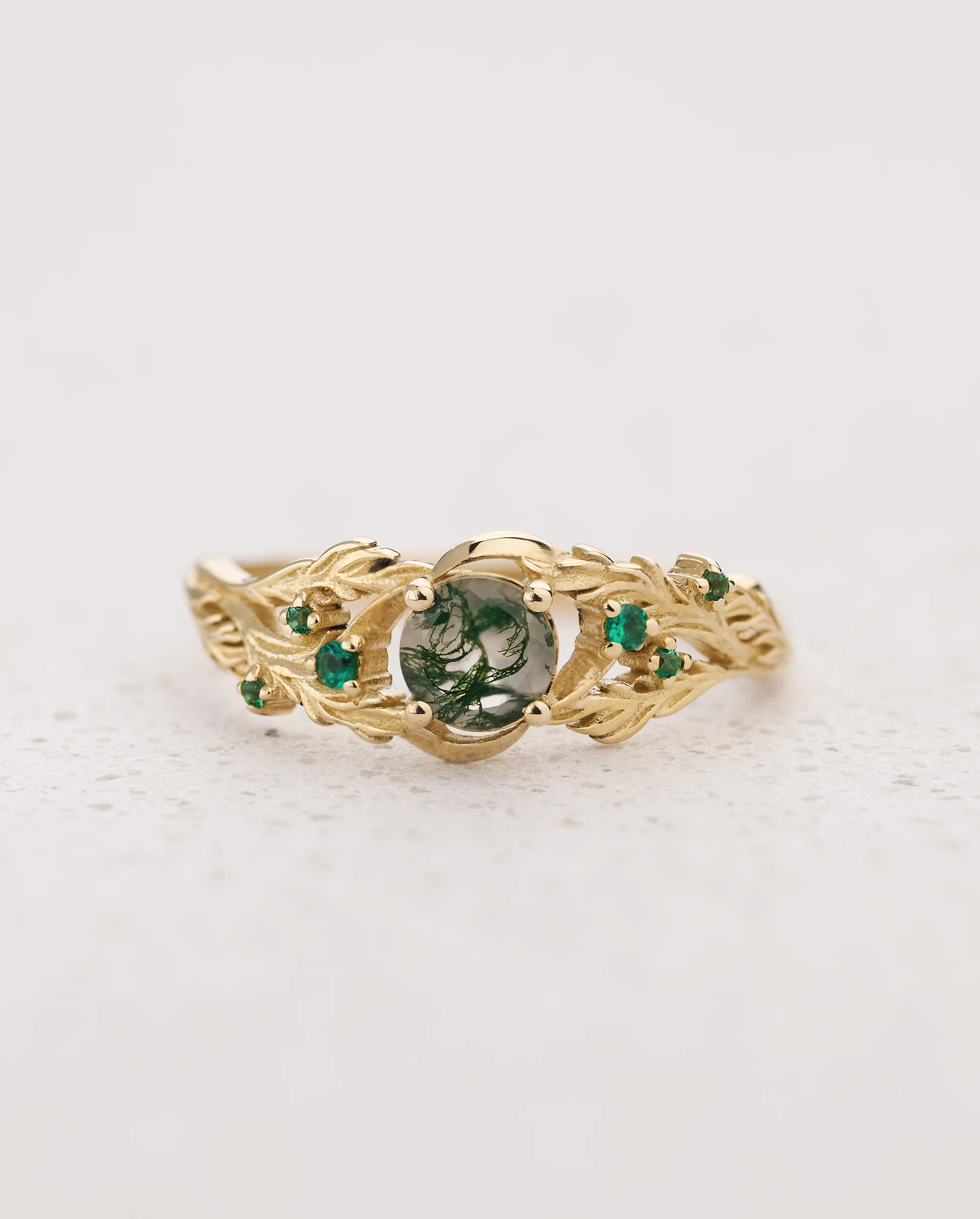 READY TO SHIP Japanese Maple engagement ring with moss agate and emeralds, 14K yellow gold, AVAILABLE RING SIZES: 5.5 - 8.5 US
