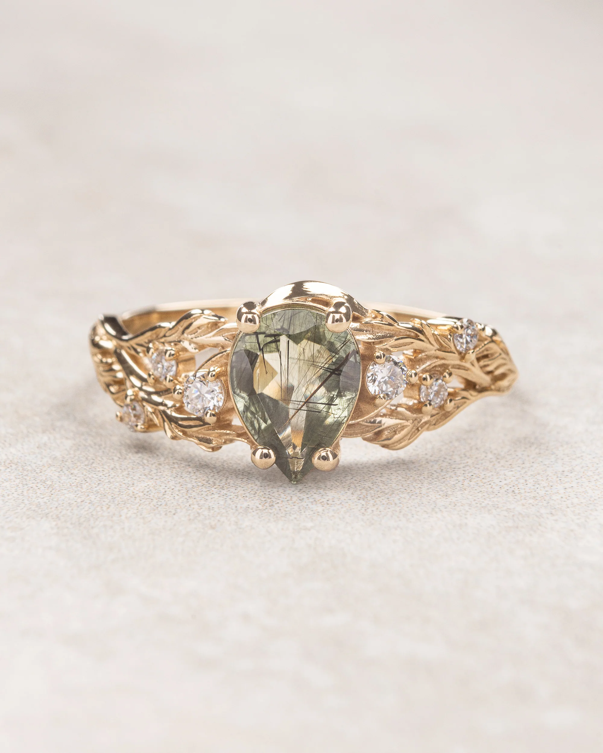 READY TO SHIP: Japanese Maple leaves ring with rutile peridot and diamonds, 14K yellow gold, RING SIZES: 5.5 - 8.5 US