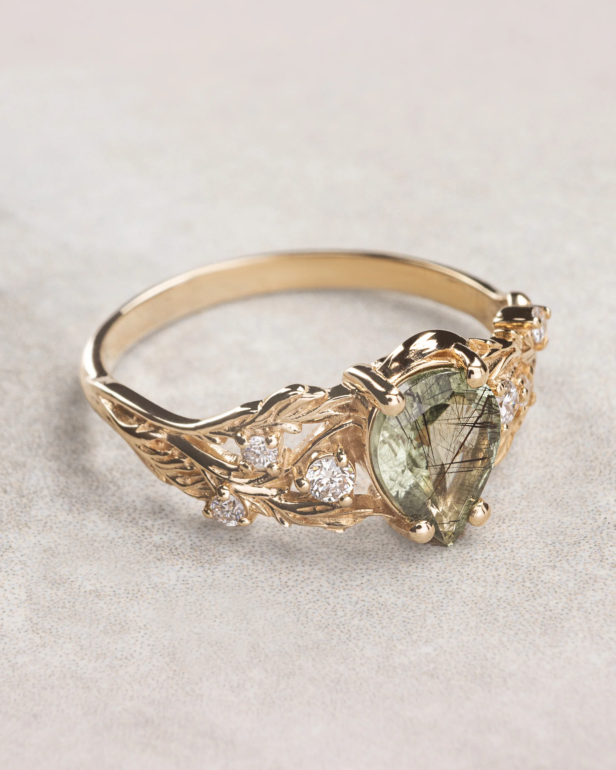 READY TO SHIP: Japanese Maple leaves ring with rutile peridot and diamonds, 14K yellow gold, RING SIZES: 5.5 - 8.5 US - Image 2