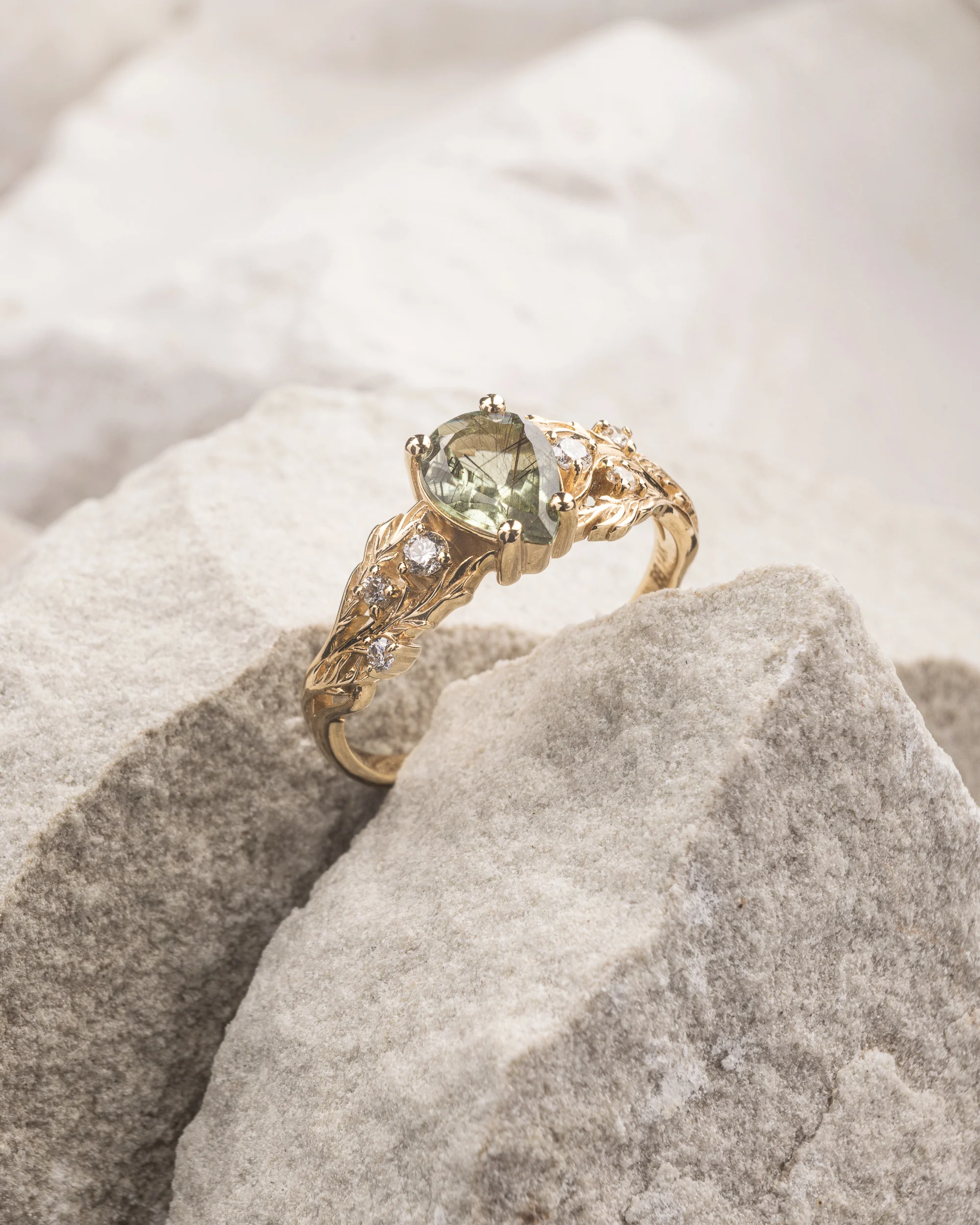 READY TO SHIP: Japanese Maple leaves ring with rutile peridot and diamonds, 14K yellow gold, RING SIZES: 5.5 - 8.5 US - Image 4