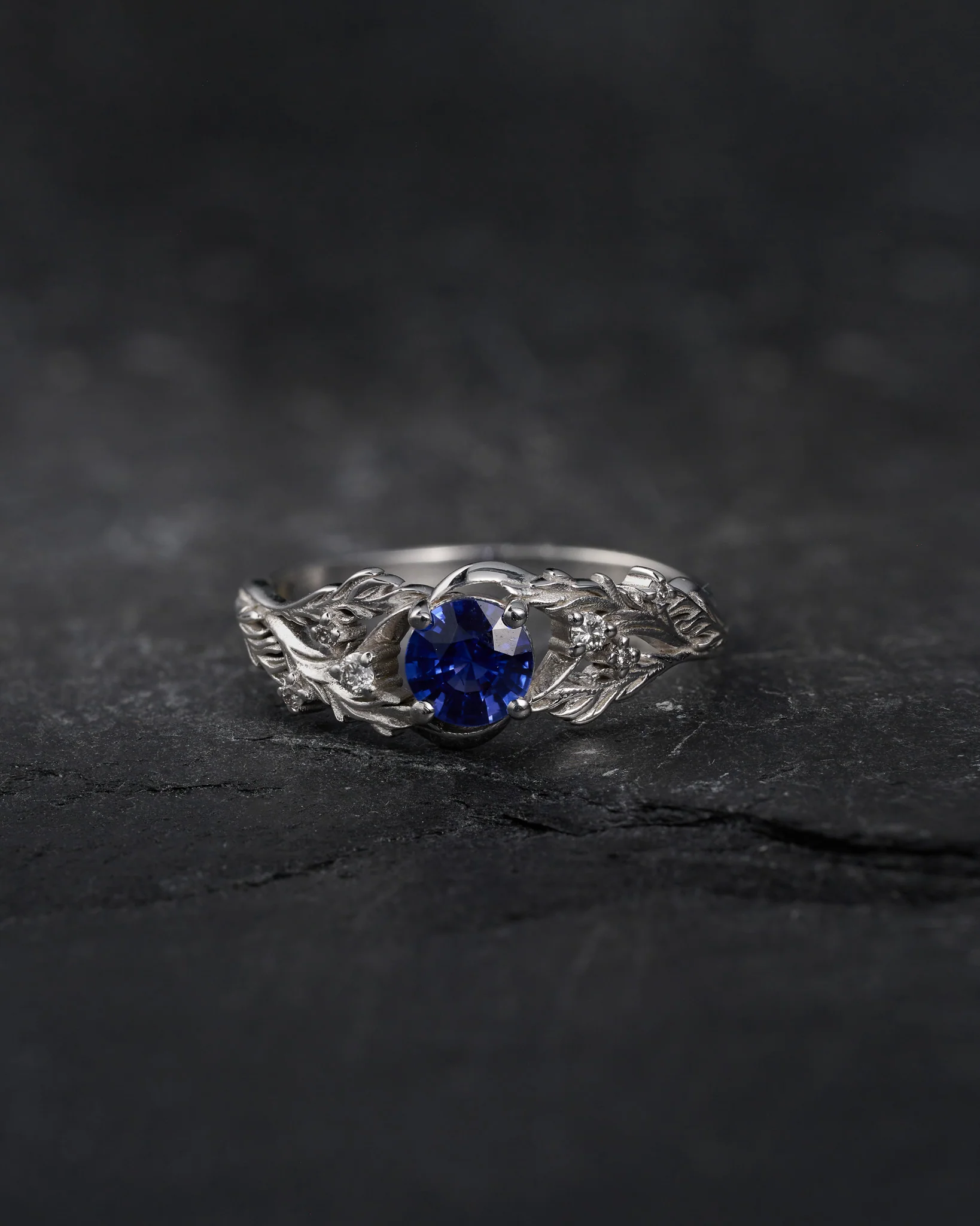 READY TO SHIP Japanese Maple ring in 14K white gold, natural blue sapphire with accent lab diamonds, 5mm, RING SIZE 5.5 - 8.5 US