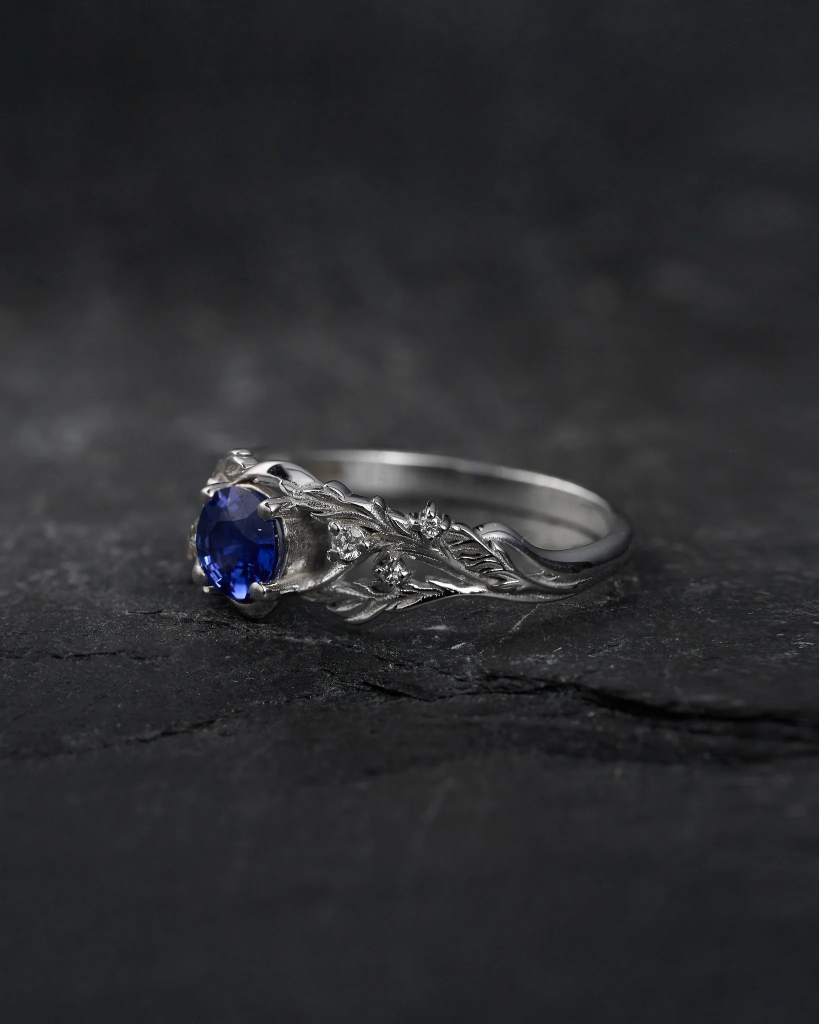 READY TO SHIP Japanese Maple ring in 14K white gold, natural blue sapphire with accent lab diamonds, 5mm, RING SIZE 5.5 - 8.5 US - Image 2