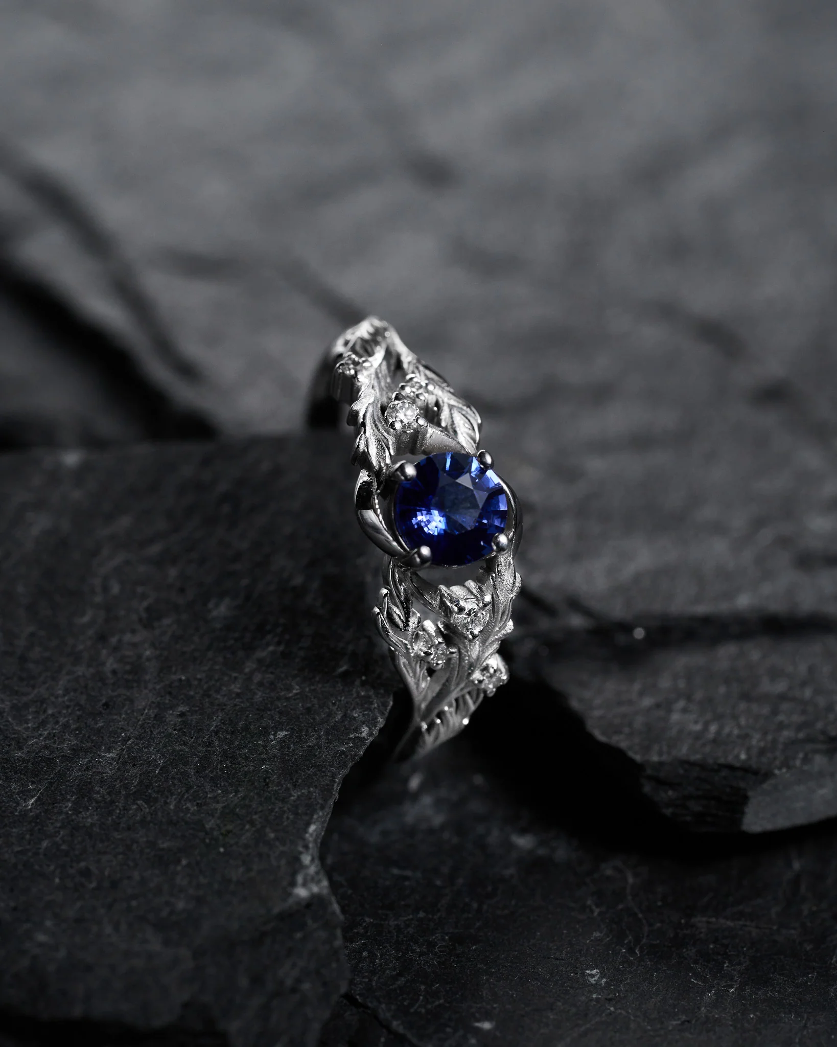 READY TO SHIP Japanese Maple ring in 14K white gold, natural blue sapphire with accent lab diamonds, 5mm, RING SIZE 5.5 - 8.5 US - Image 3