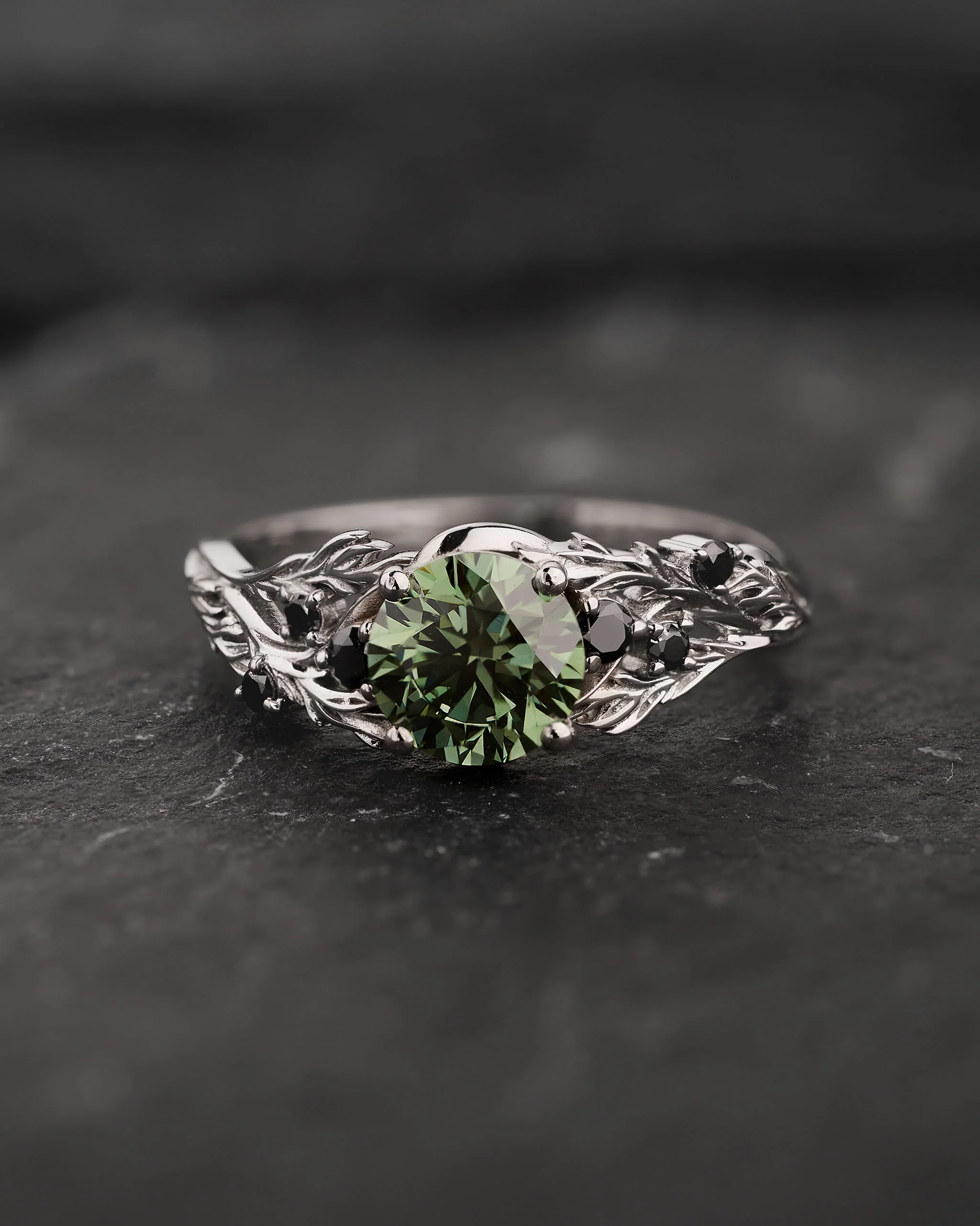 Green (Lab-grown) Diamond Engagement Ring with Black Diamonds / Japanese Maple