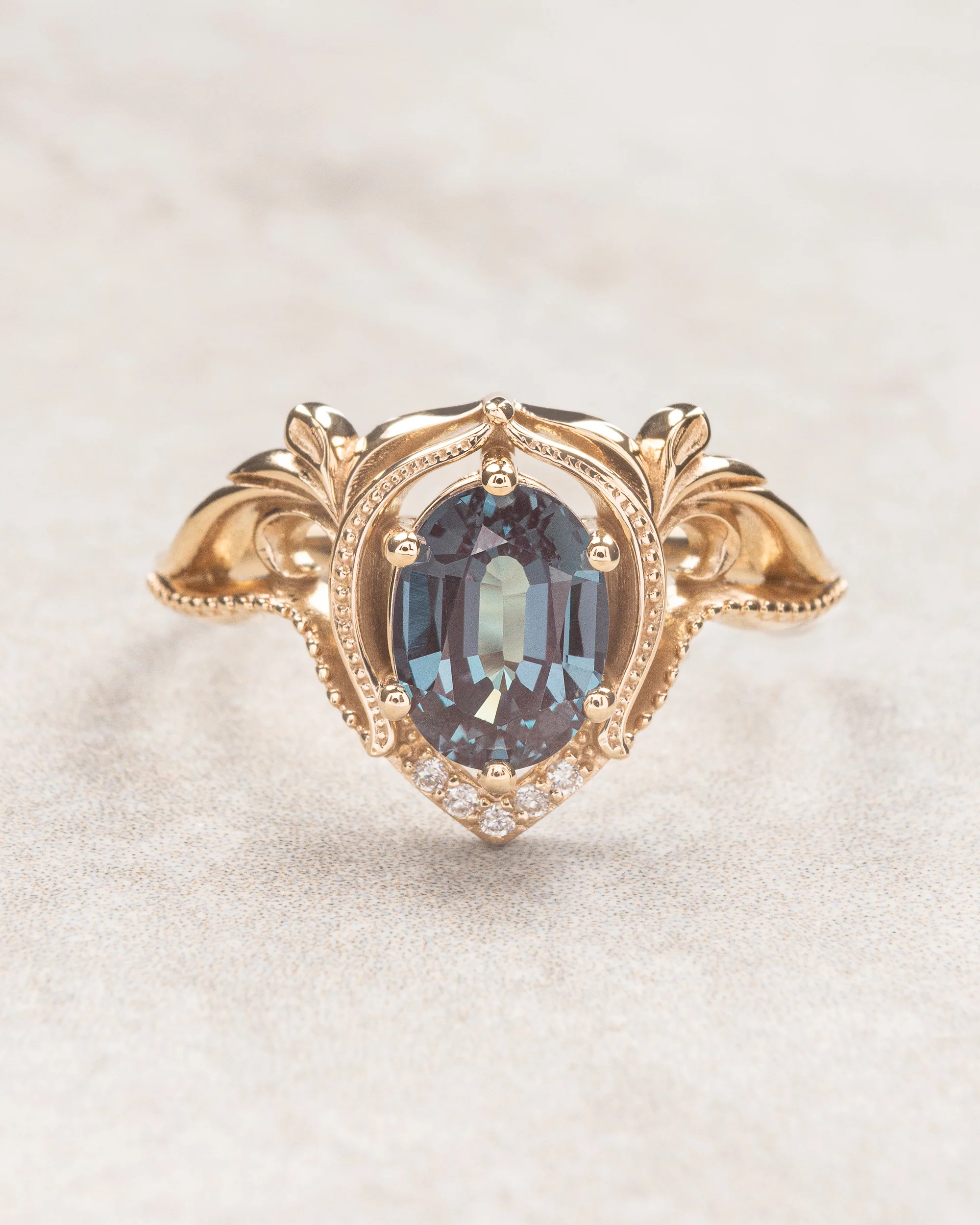 READY TO SHIP: Lida engagement ring with colour changing alexandrite, 14K yellow gold, RING SIZES: 5.5 - 8.5 US