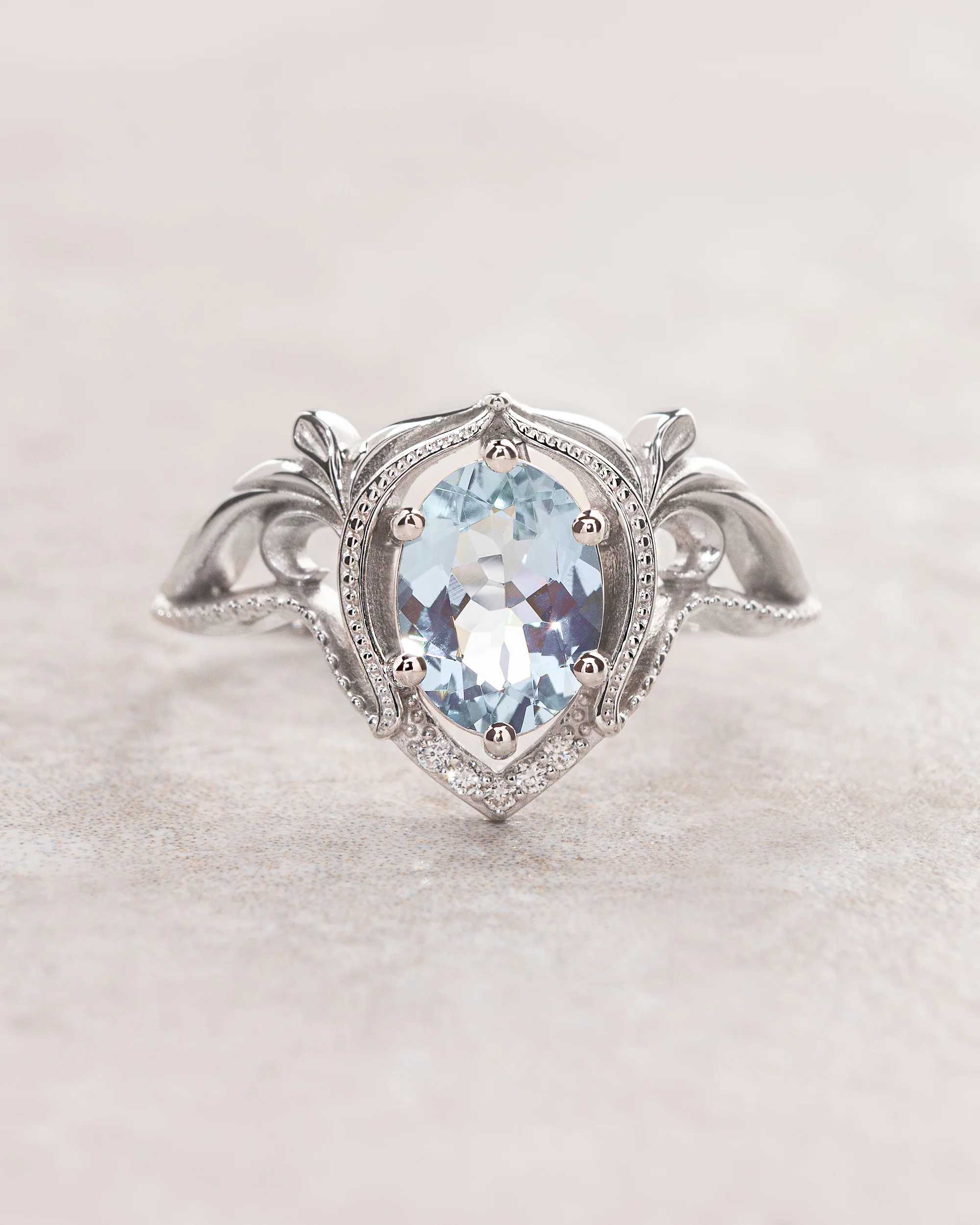 READY TO SHIP Lida engagement ring with oval-cut aquamarine in 14K white gold, RING SIZES: 5.5 - 8.5 US
