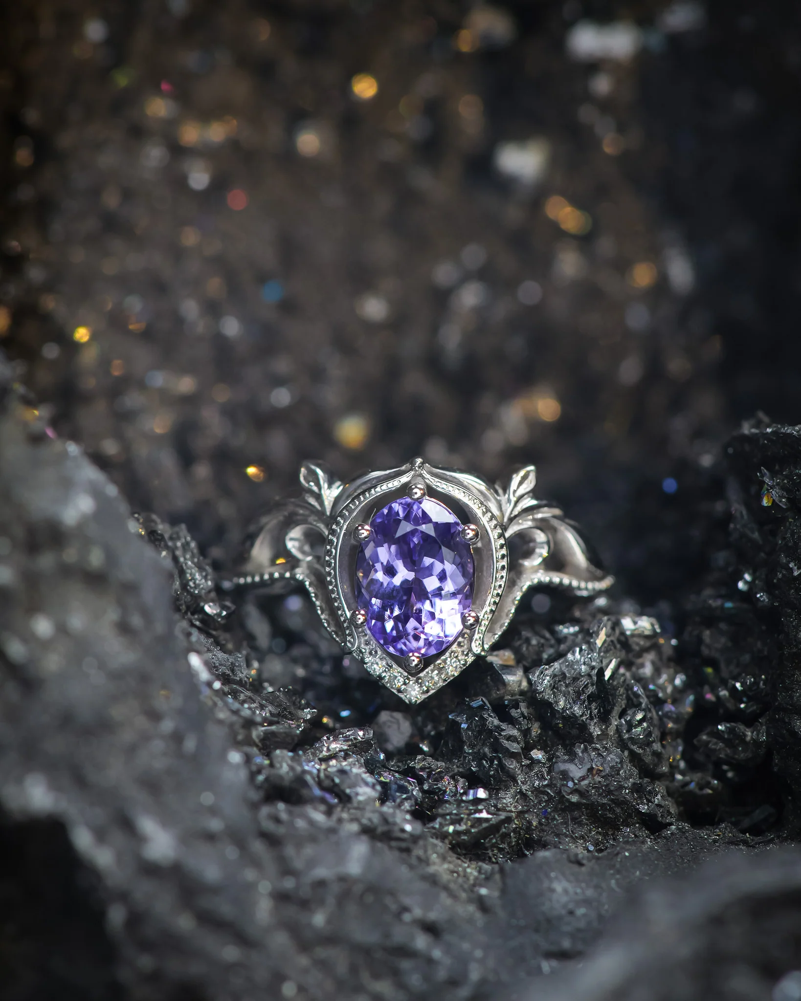 READY TO SHIP Lida engagement ring with oval-cut tanzanite in 14K white gold, RING SIZES: 5.5 - 8.5 US