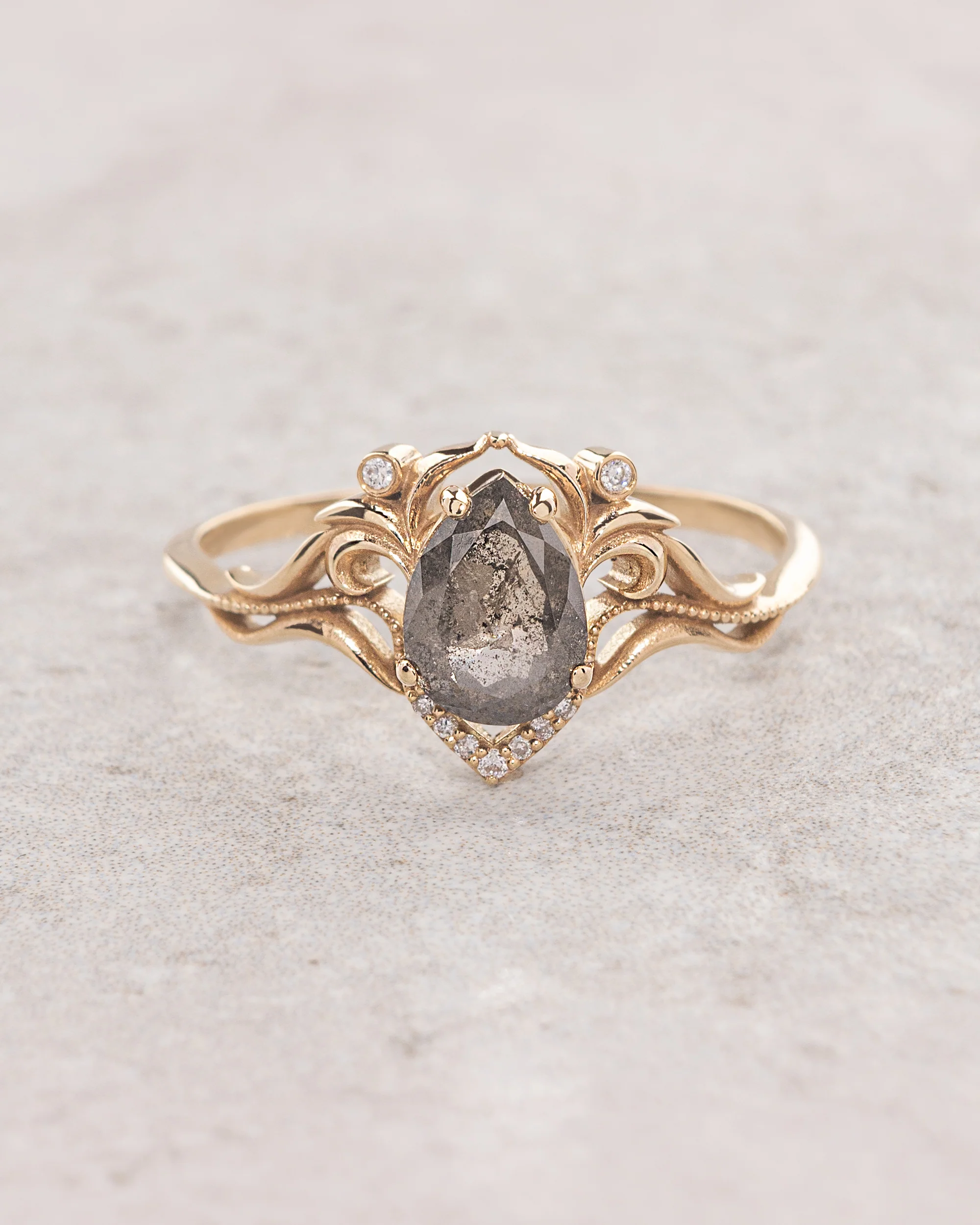 READY TO SHIP: Lida engagement ring with pear cut salt & pepper diamond, 14K yellow gold, RING SIZES: 7 - 9.5 US