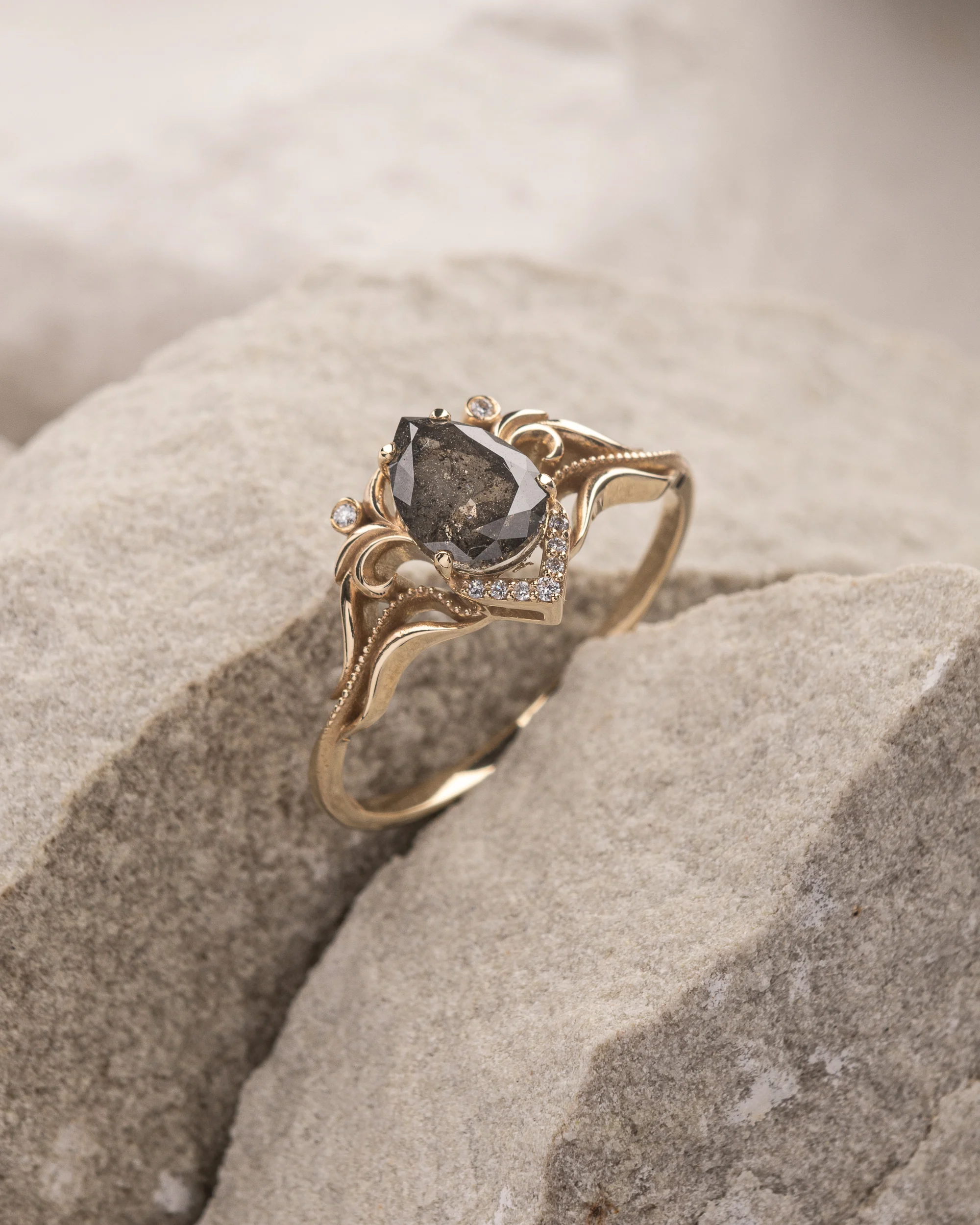 READY TO SHIP: Lida engagement ring with pear cut salt & pepper diamond, 14K yellow gold, RING SIZES: 7 - 9.5 US - Image 2