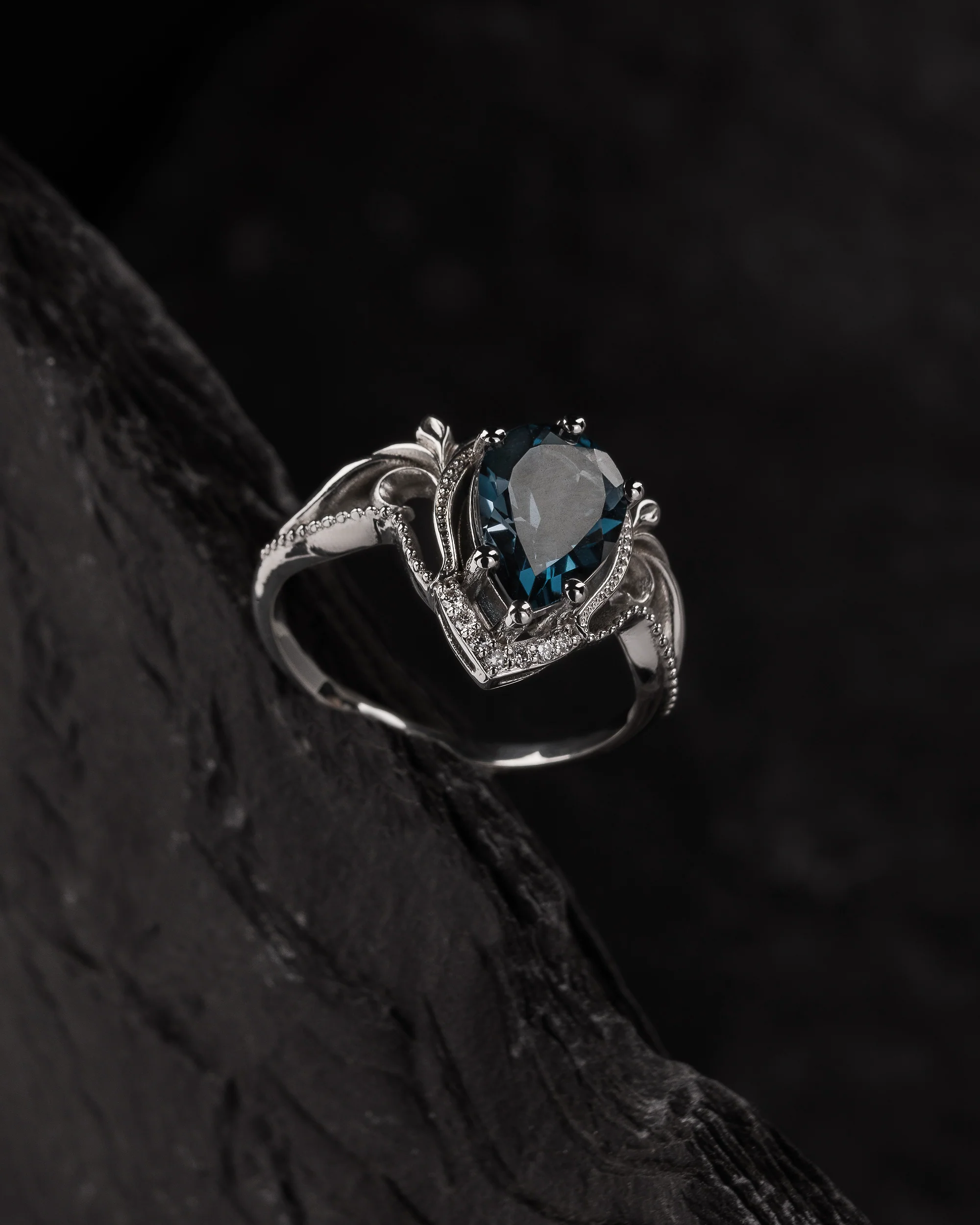 READY TO SHIP Lida ring in 14K white gold, London Blue Topaz, pear cut 10x7mm, lab diamonds, AVAILABLE RING SIZES: 5.5 - 8.5 US - Image 3