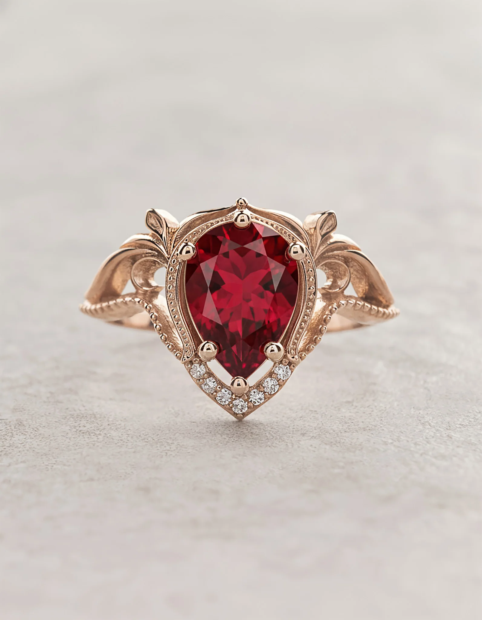 READY TO SHIP Lida ring in 14K rose gold, lab ruby pear cut 10x7mm, accent moissanites, AVAILABLE RING SIZES: 5.5 - 8.5 US