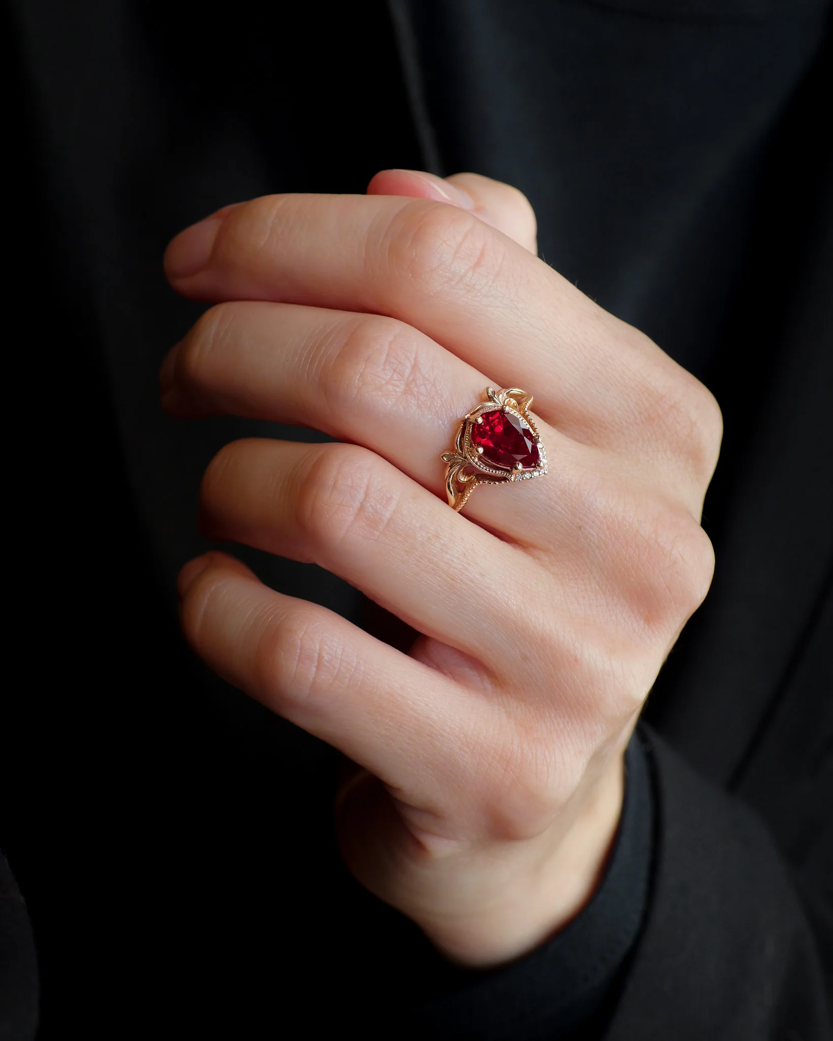 READY TO SHIP Lida ring in 14K rose gold, lab ruby pear cut 10x7mm, accent moissanites, AVAILABLE RING SIZES: 5.5 - 8.5 US - Image 2