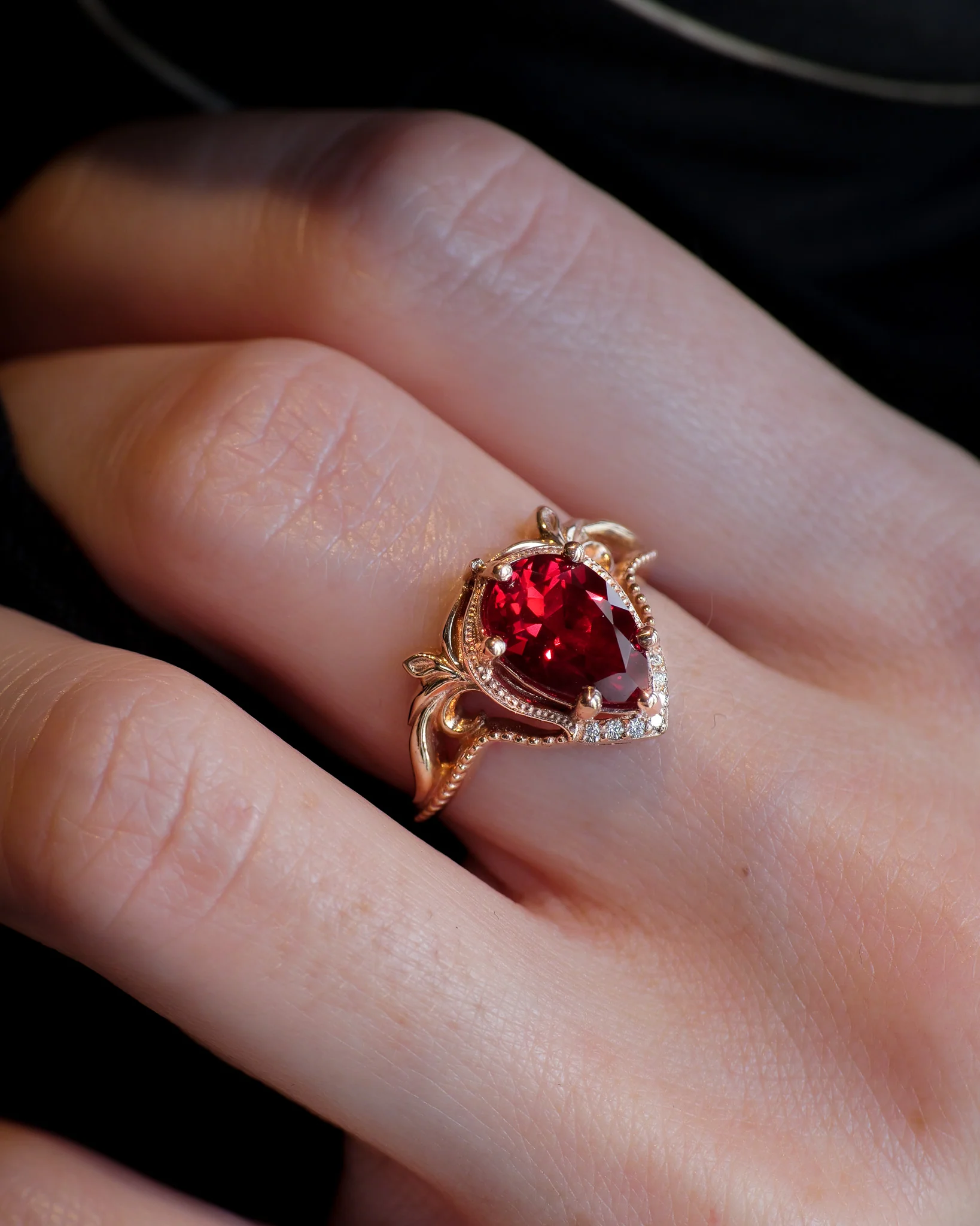 READY TO SHIP Lida ring in 14K rose gold, lab ruby pear cut 10x7mm, accent moissanites, AVAILABLE RING SIZES: 5.5 - 8.5 US - Image 3