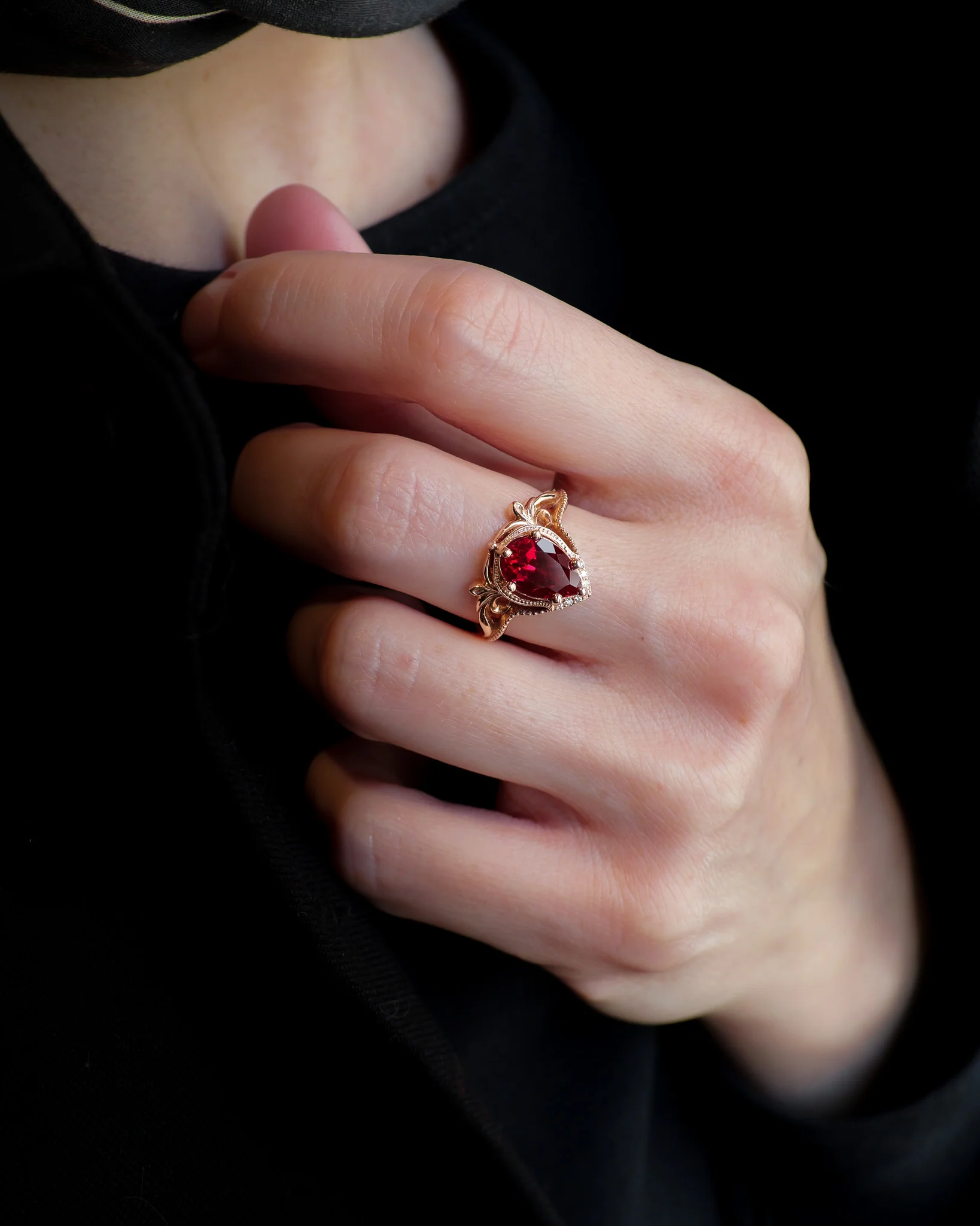 READY TO SHIP Lida ring in 14K rose gold, lab ruby pear cut 10x7mm, accent moissanites, AVAILABLE RING SIZES: 5.5 - 8.5 US - Image 5