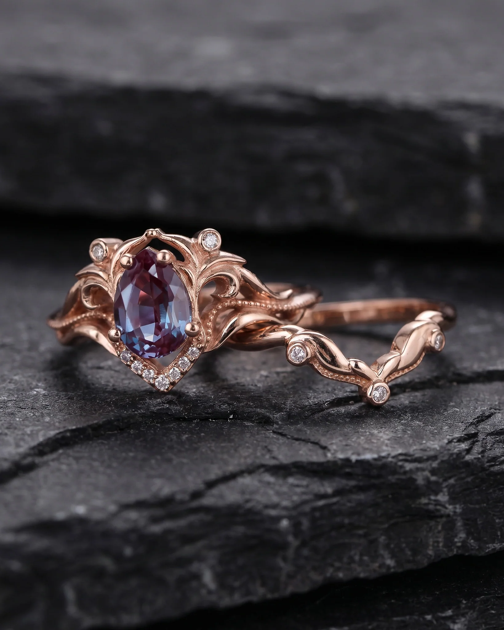 READY TO SHIP Lida small in 14K rose gold, 7x5 mm pear cut lab alexandrite, moissanites, RING SIZE 3.5 - 6.5 US - Image 2