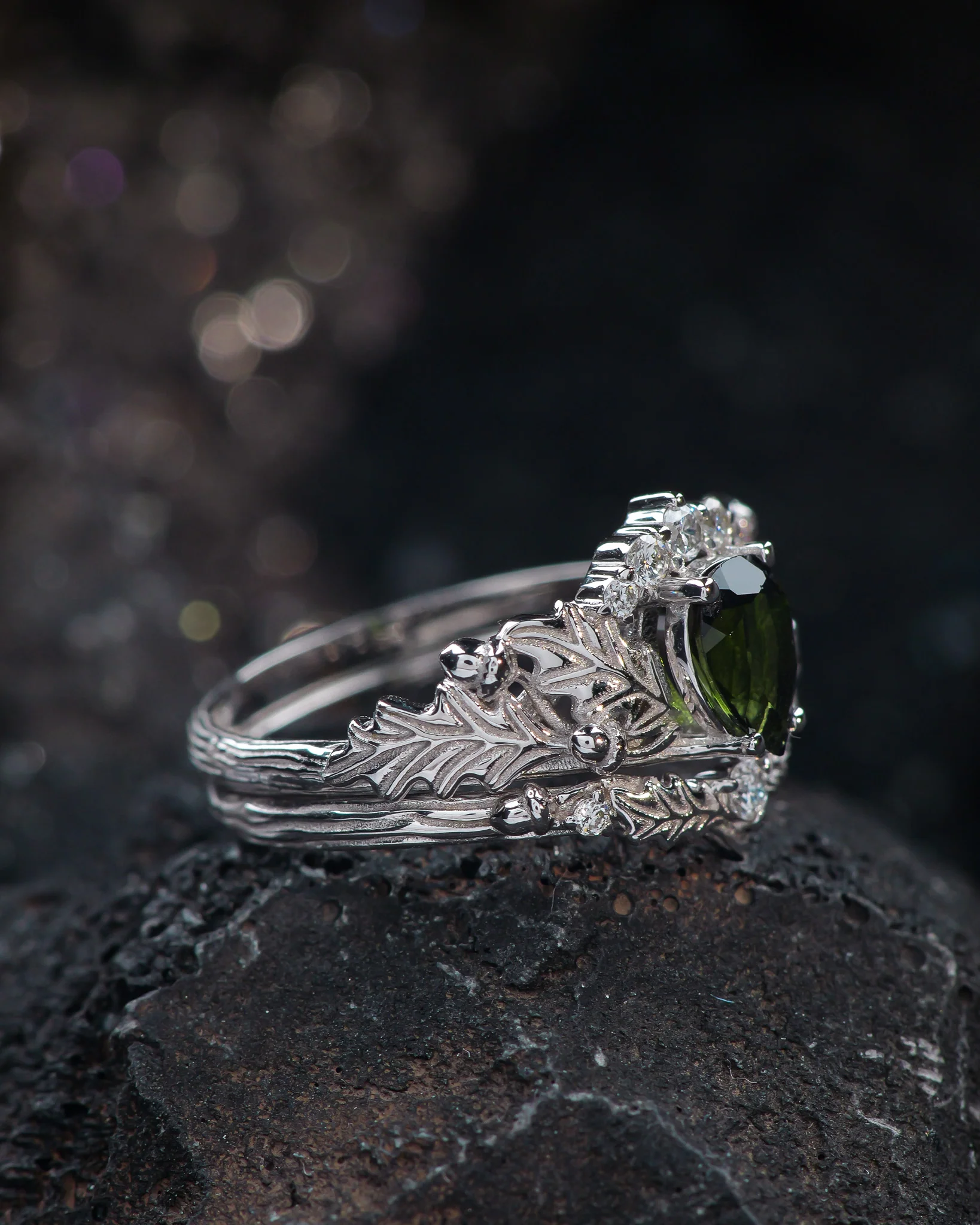 READY TO SHIP Oak leaves bridal ring set with natural tourmaline, nature inspired wedding rings, AVAILABLE RING SIZES: 5.5 - 8.5 US - Image 3