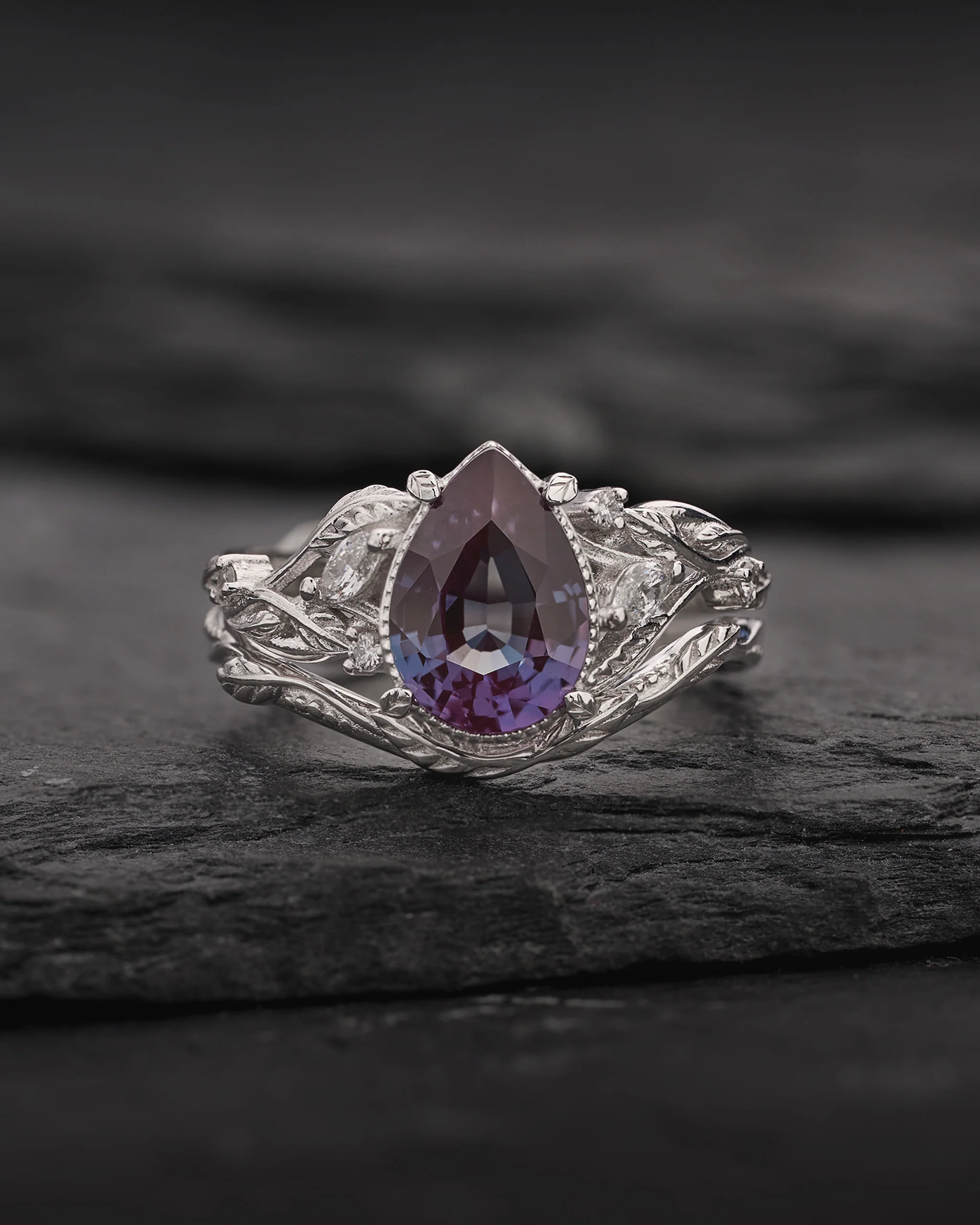 READY TO SHIP Patricia bridal ring set with big alexandrite, 14K white gold, AVAILABLE RING SIZES: 5.5 - 8.5 US