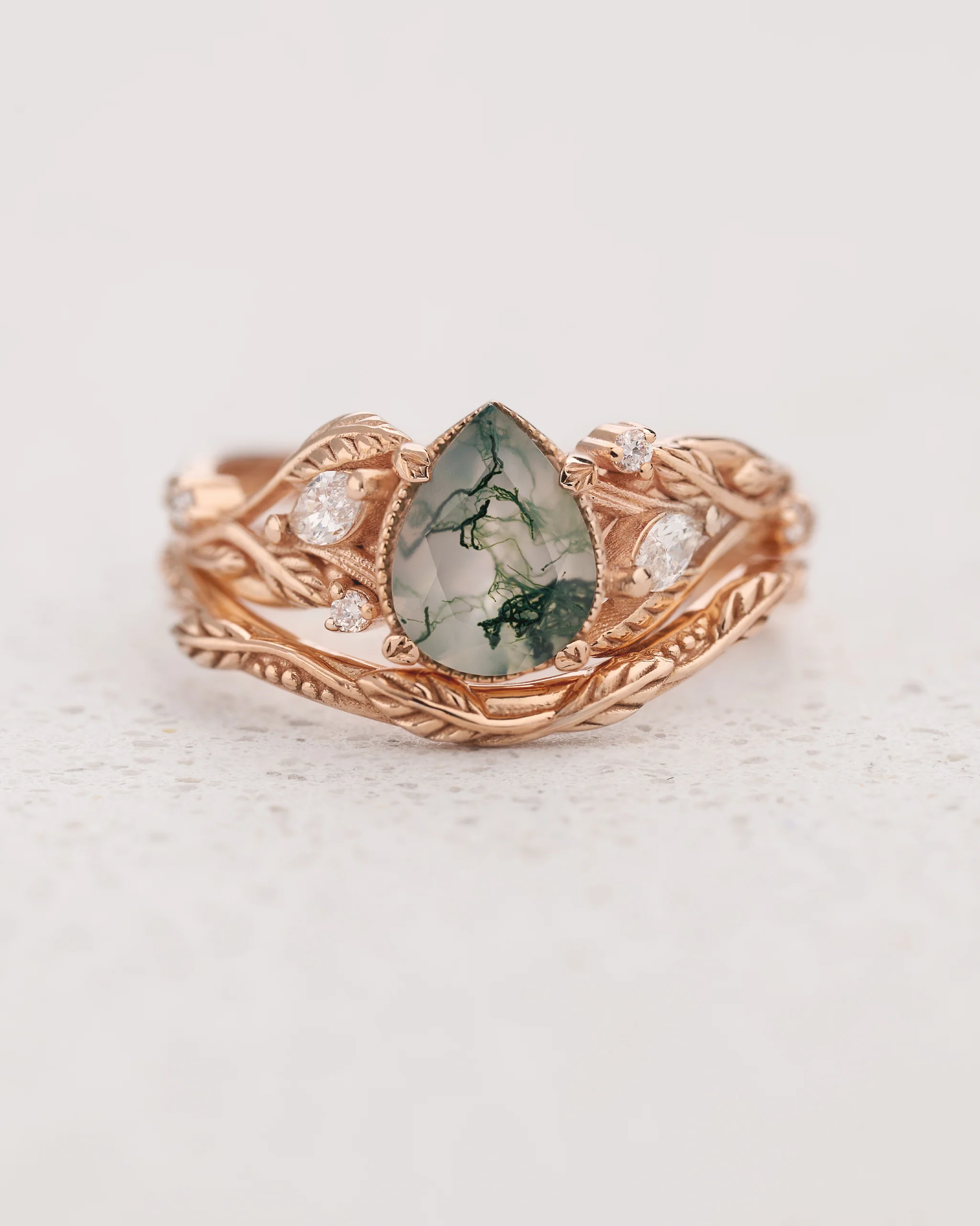 READY TO SHIP Patricia bridal set with moss agate and diamonds, 14K rose gold, AVAILABLE RING SIZES: 5 - 8 US