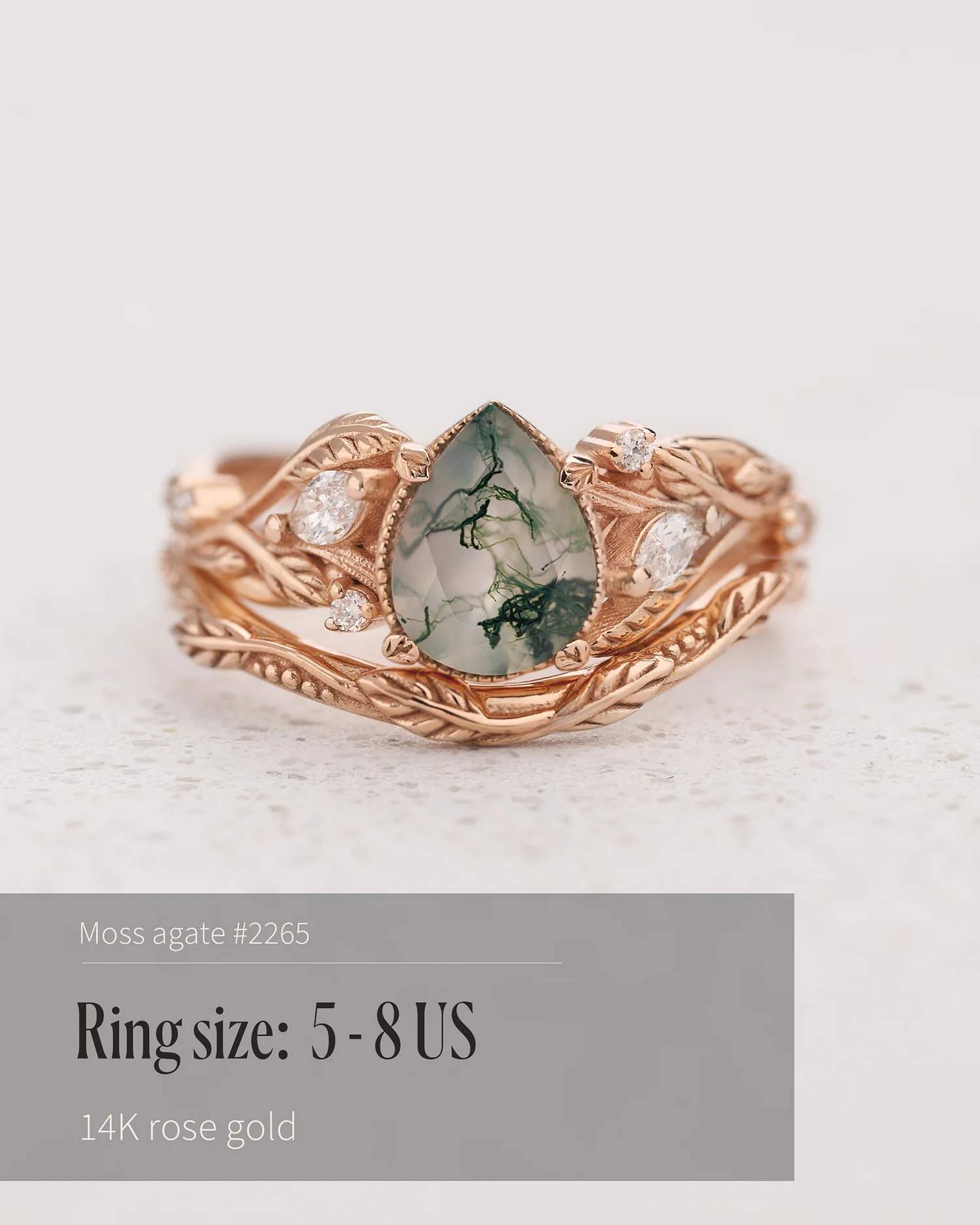 READY TO SHIP Patricia bridal set with moss agate and diamonds, 14K rose gold, AVAILABLE RING SIZES: 5 - 8 US - Image 2