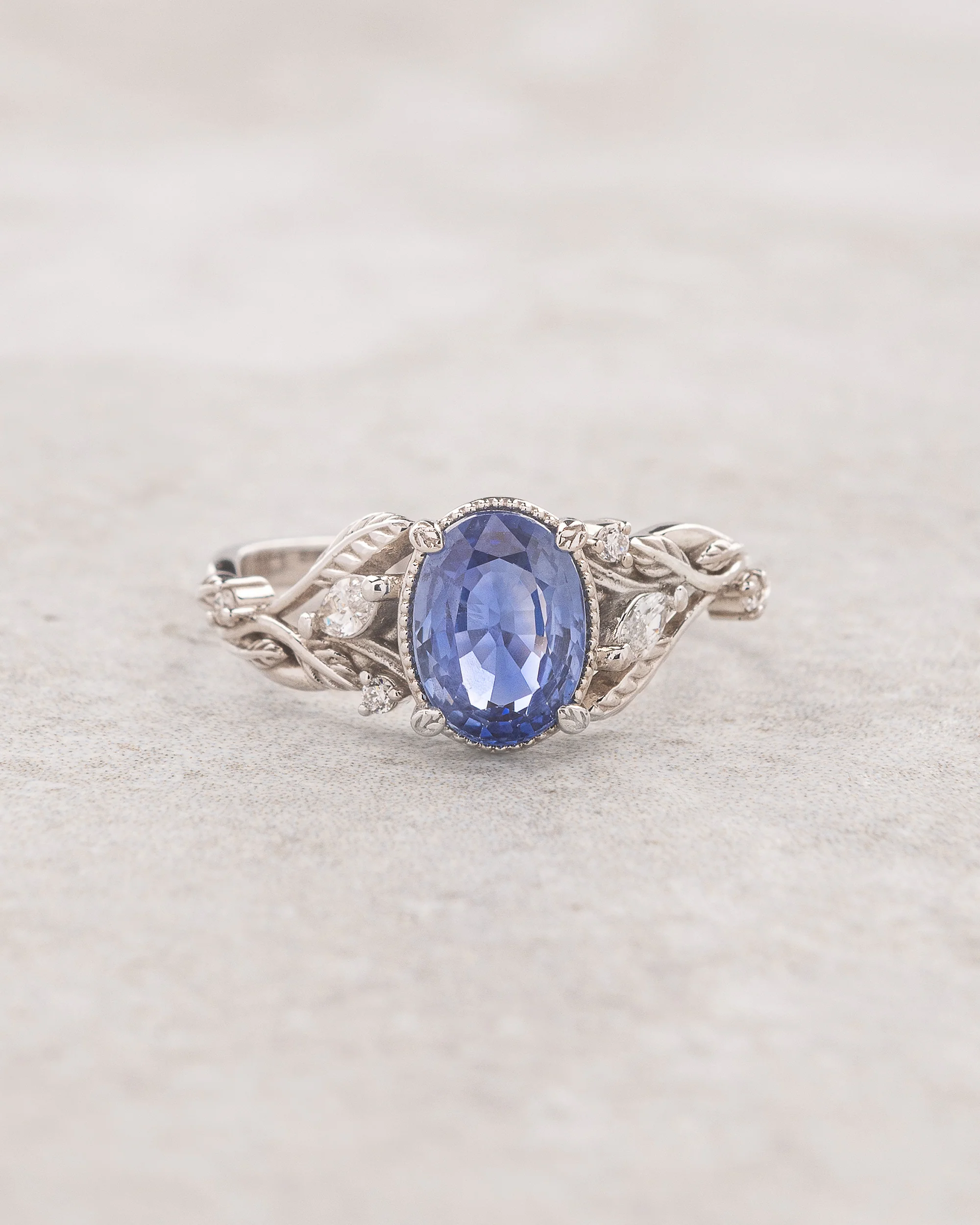 READY TO SHIP Patricia ring, 18K white gold, natural blue sapphire 8x6mm, accent lab diamonds, AVAILABLE RING SIZES: 5.5 - 8.5 US