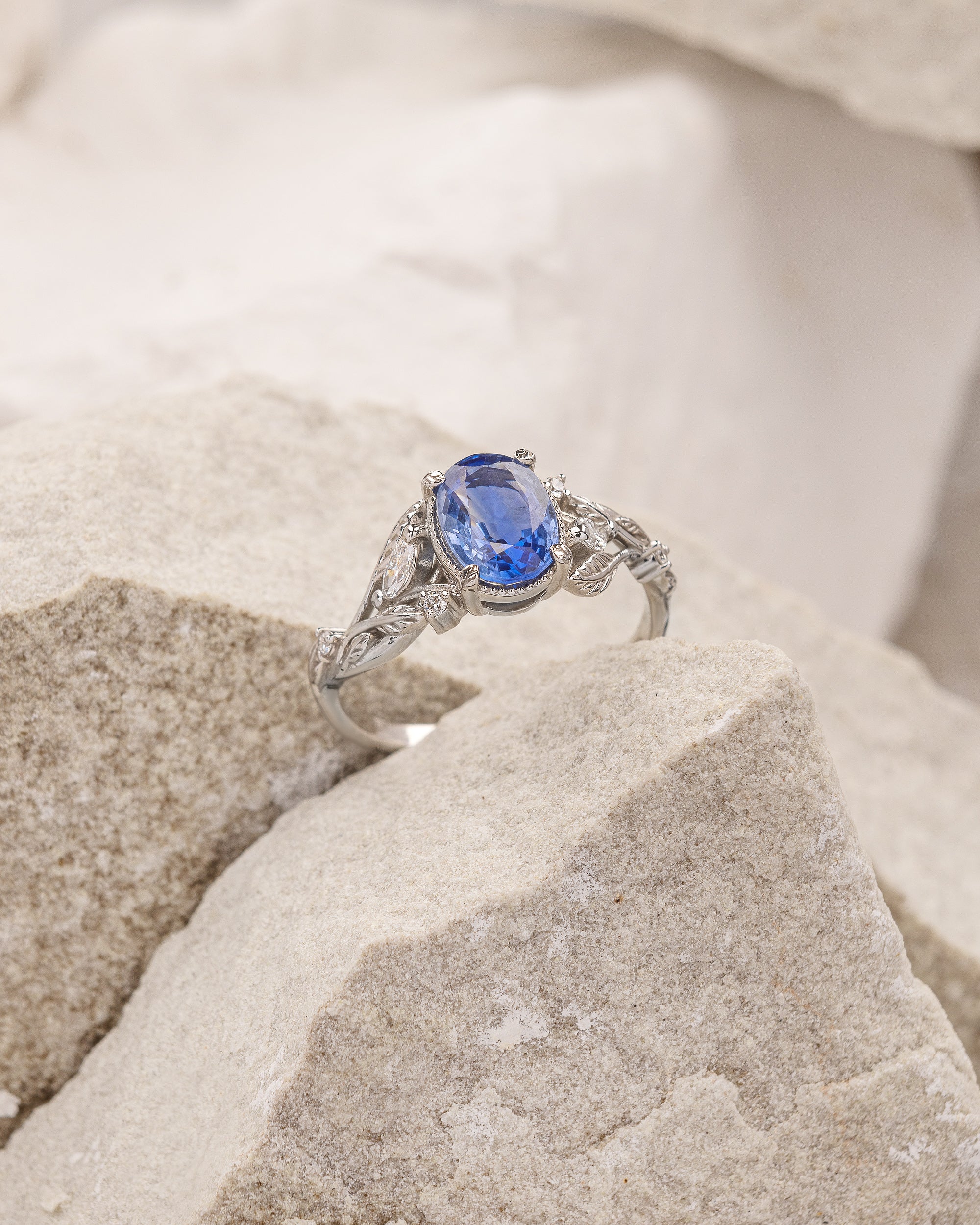 READY TO SHIP Patricia ring, 18K white gold, natural blue sapphire 8x6mm, accent lab diamonds, AVAILABLE RING SIZES: 5.5 - 8.5 US - Image 2